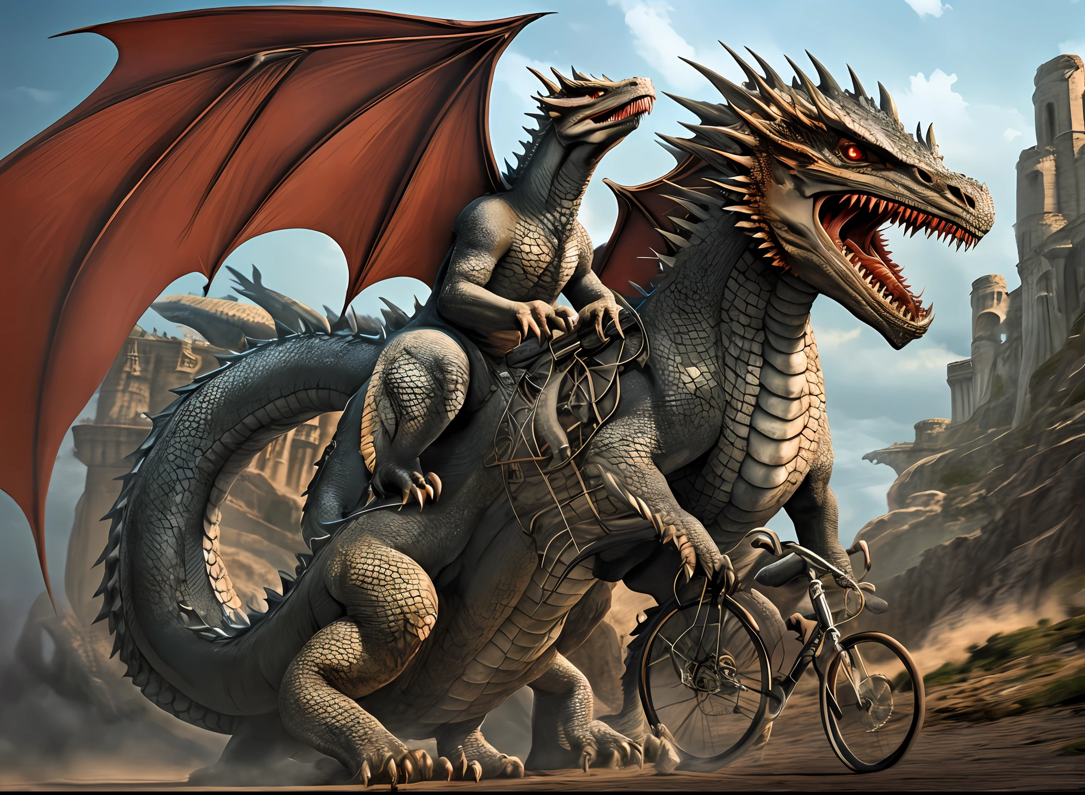 (obra prima), (extremamente detalhado), (alta qualidade), realista, realistic portrait of a man riding a bicycle in front of a Drogon dragon, Alexguerra3 riding a dragon, dragon rider, fat dragon with rider, Riding a dragon, teenage girl riding a dragon, battle with dragon, charging through a dragons lair, montando um lobo prateado gigante, Jormungandr, dragon in the background, aventura render hiper realista, pedalando na cidade de westeros, pedalante.branco --auto --s2