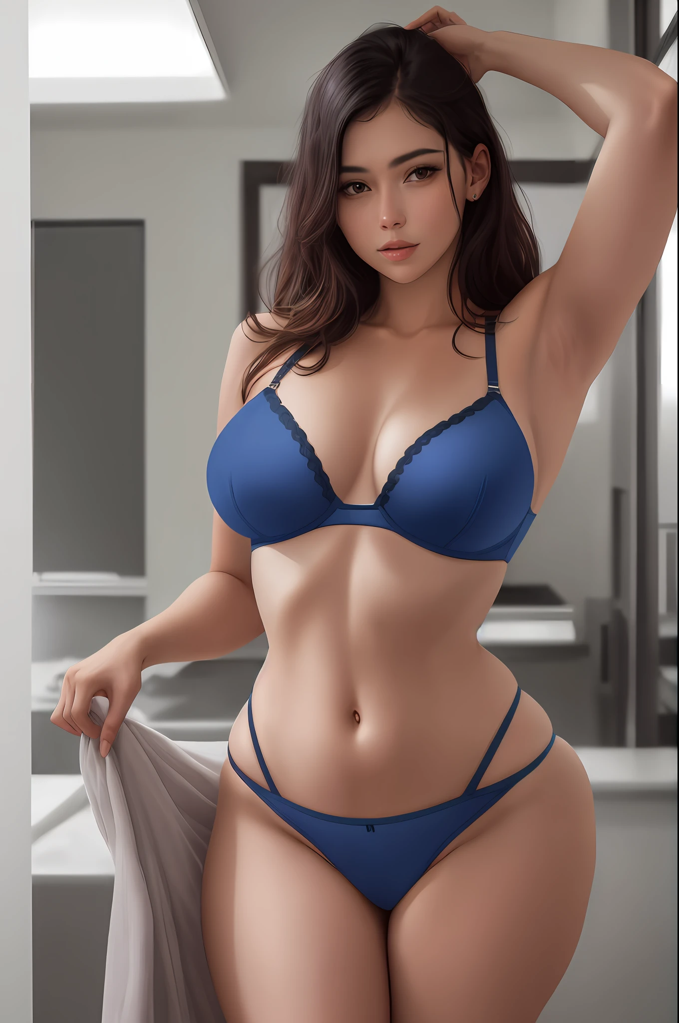 arafed woman in a blue bikini posing for a picture, Realistic bikini, corpo perfeito fotorrealista, bikini blue, corpo perfeito sombreado realista, thicc, Figura completa hiper-realista, is wearing a swimsuit, roupa de banho, Lingerie azul brilhante brilhante, corpo sexy, corpo perfeitamente sombreado, corpo grande, Garota sexy, curvy hourglass figure, corpo perfeito, curvy model, imagem ultrarealista, qualidade 8k, mark on the panties and bra with the breasts, seios a amostra, xaninha a amostra, suada, molhada, transparent bra and panties.