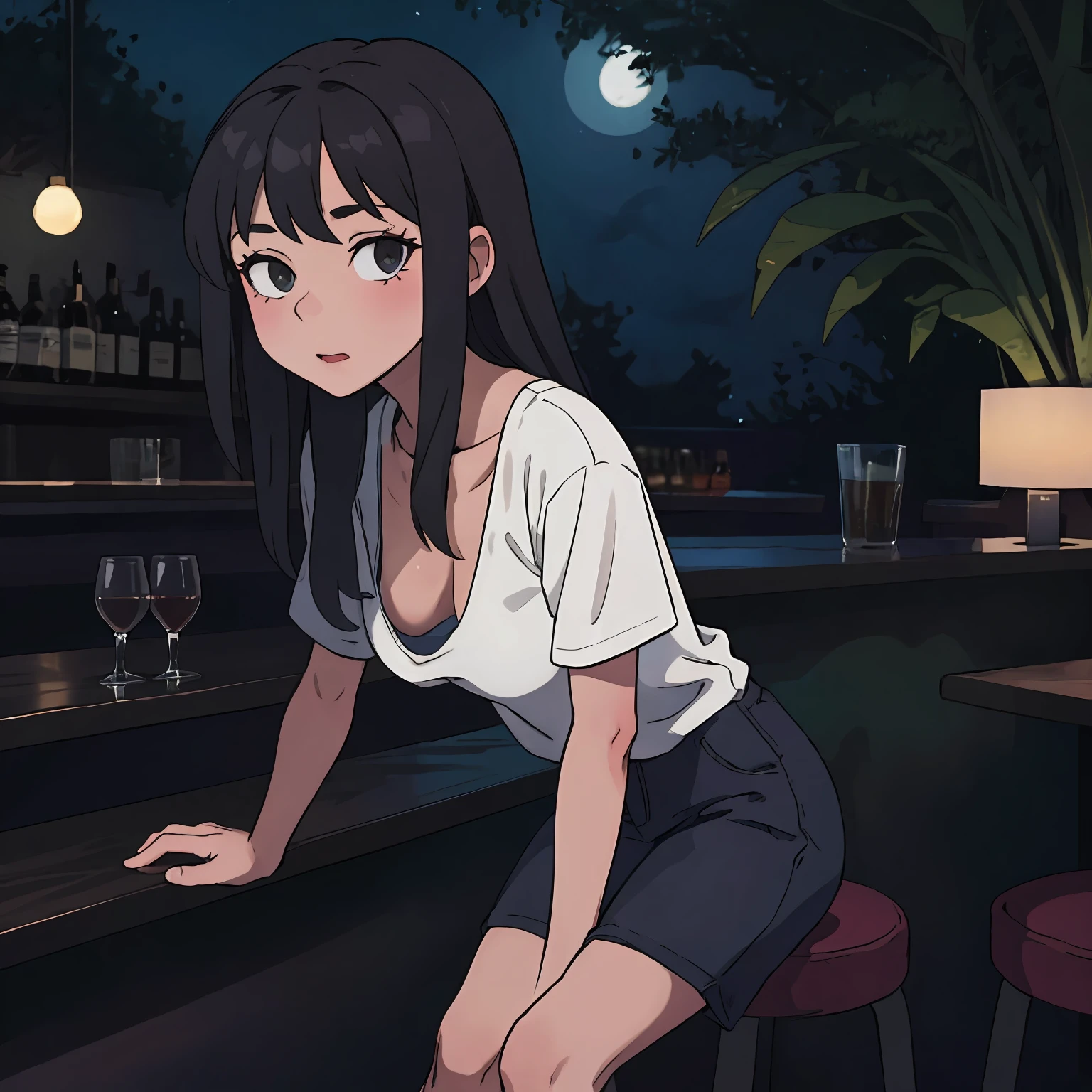 (masterpiece:1.2, best quality), (highly detailed:1.3), 1girl, long hair, loose t-shirt, leaning forward, medium breasts, nipple, sitting in bar, drunk, evening, extended downblouse, dark theme