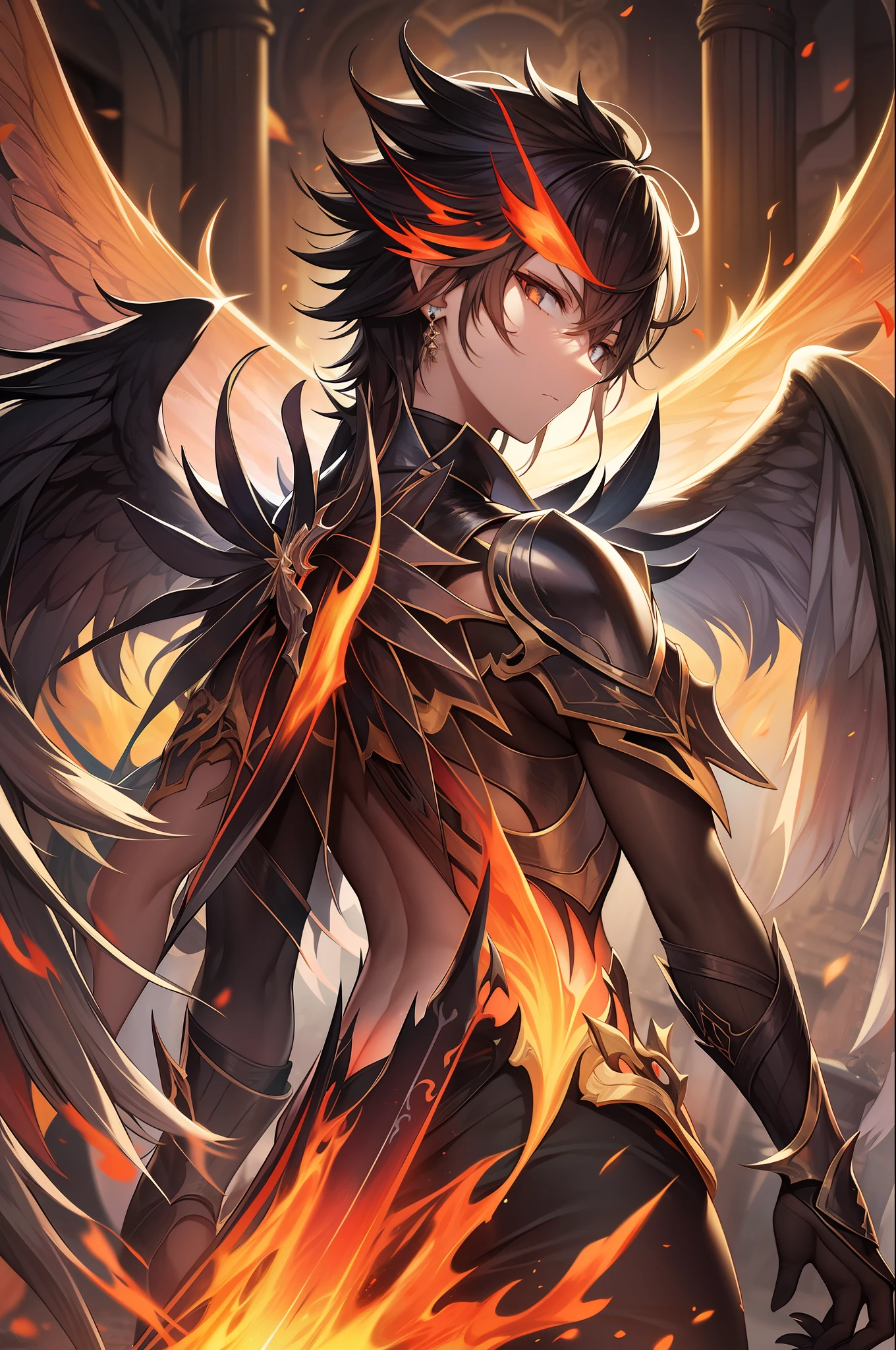 Fallen Angel,male people,ember,Short black hair,large black wings on the back,cool expression,Glaring,Holding a large sword with flame effect in his left hand,Black Armor,full body Esbian,Bold poses,high-level image quality,hight resolution,8K,Fantasia,piercings,Plenty of detail,Final Quality,Fractal Art,​masterpiece,realisitic,