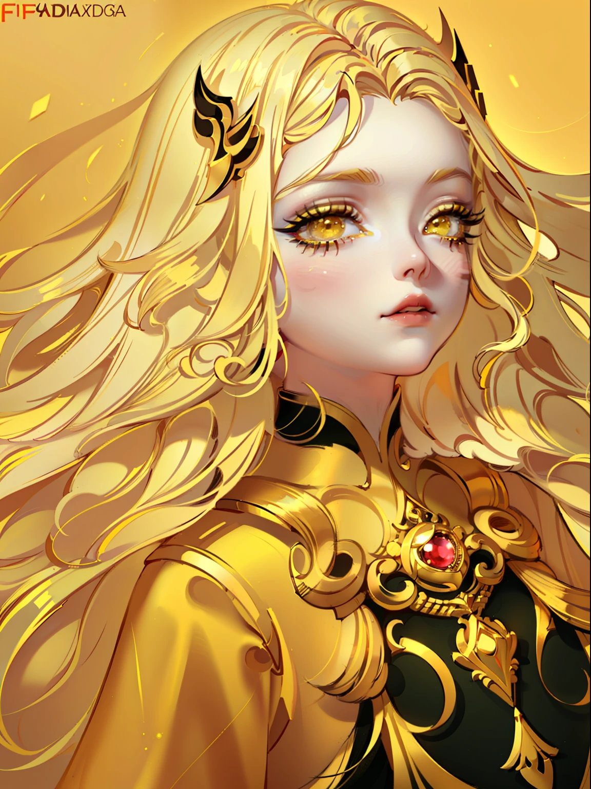 (Gustav Klimt style:1.05), ((masterpiece)), (((best quality))), (illustration | simple lighting), intricate, 8k, HD, FXAA, (simple shadows), ((simple shading)), (golden hair | long hair | hair ornaments), ((lifeless look, empty look)), yellow eyes, (yellow eyelashes:1.0), (colored eyelashes), (long yellow dress:0.9), stylish_style2