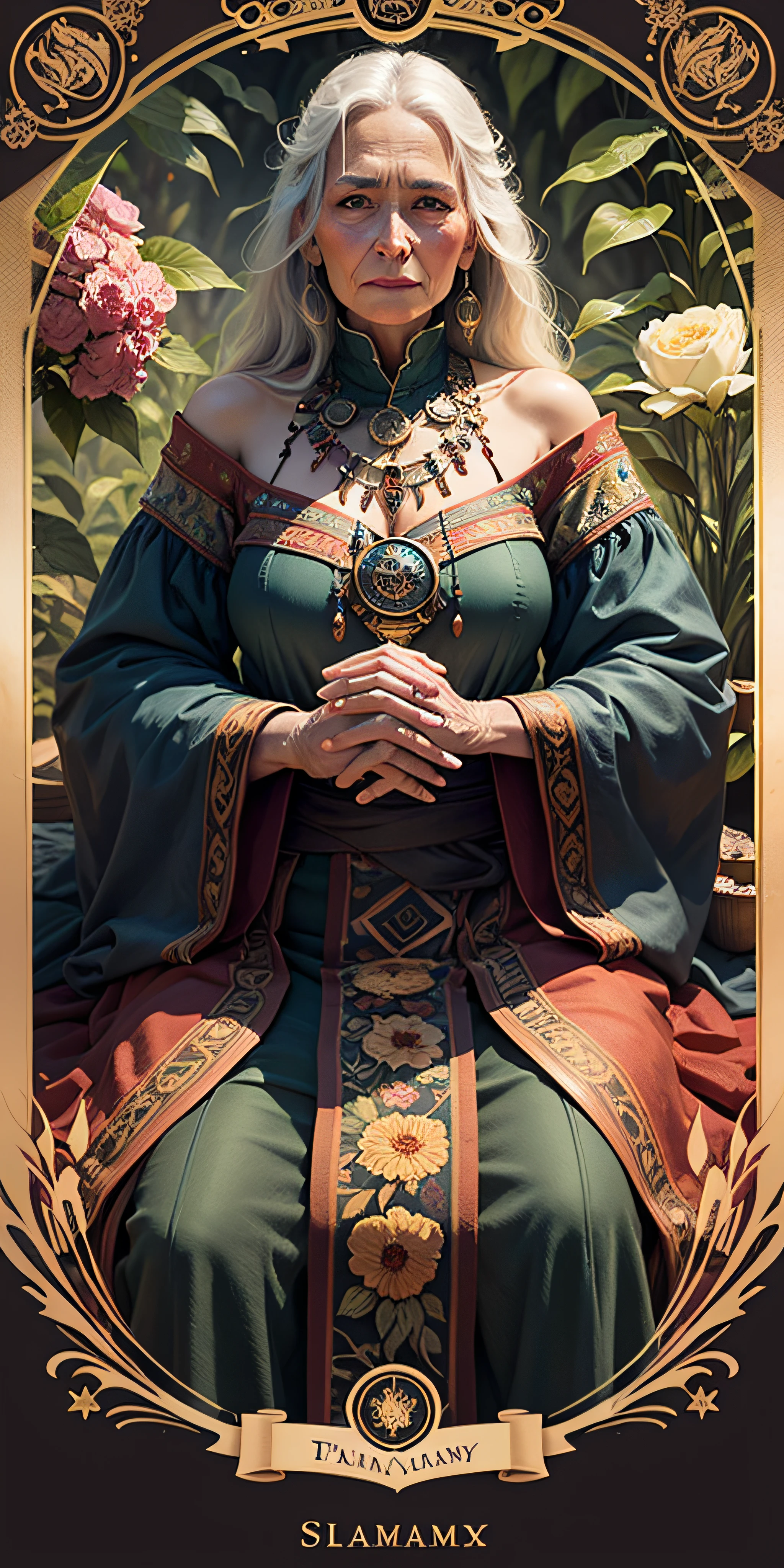 Old woman Shaman Tarot card, mystic, floral borders, jungles, photorealistic , detailed --auto