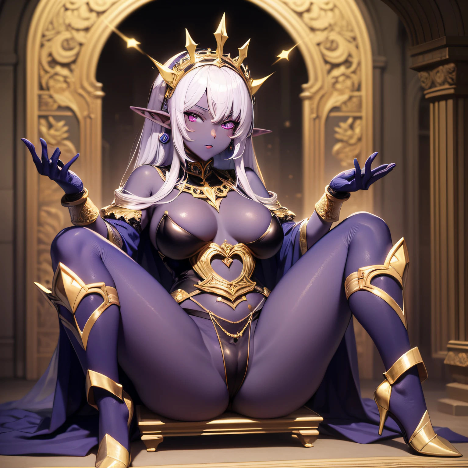 A dark elf with dark skin and purple eyes sits on a throne foot to foot, dark fantasy