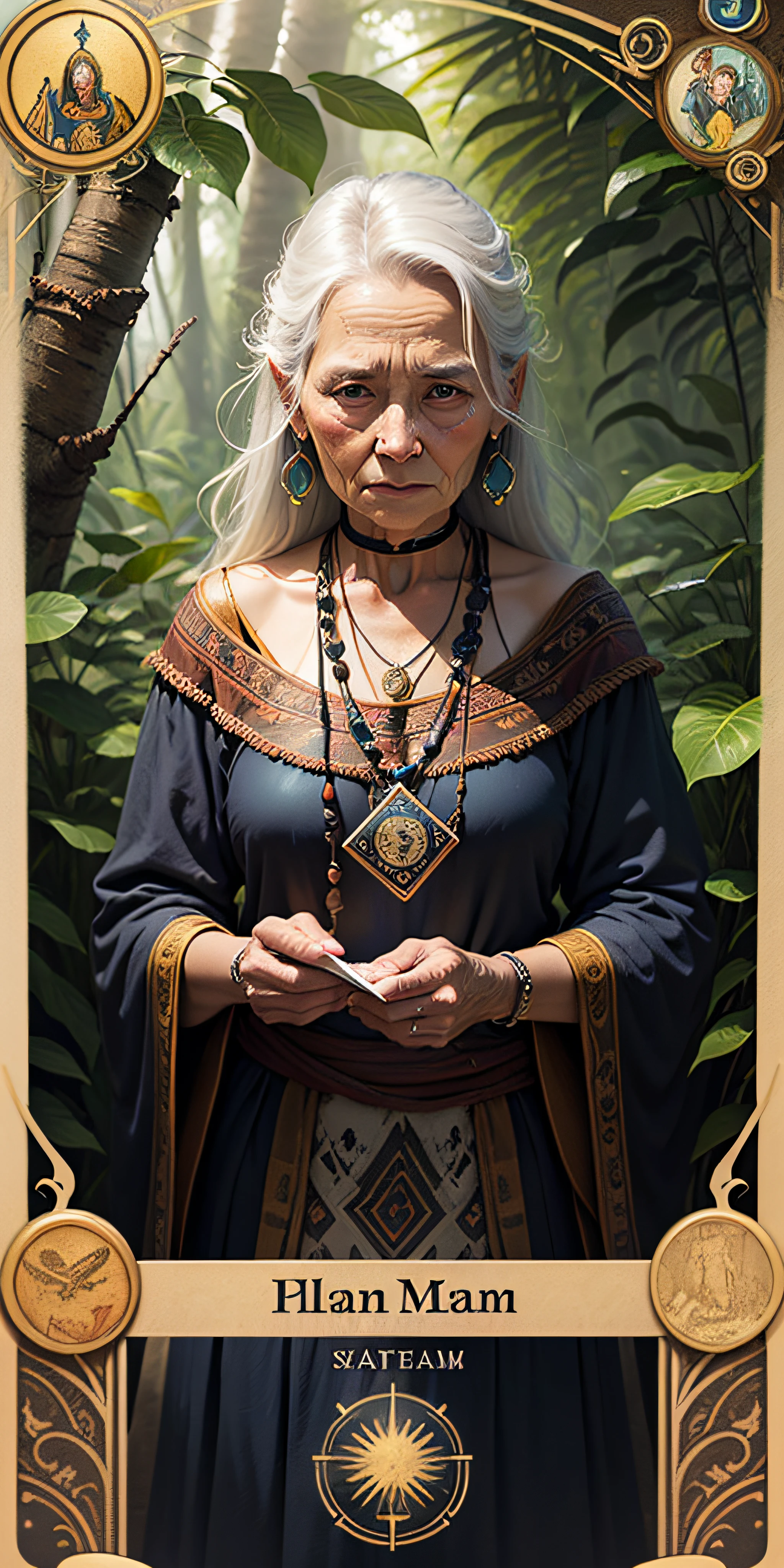 Old woman Shaman Tarot card, mystic, floral borders, jungles, photorealistic , detailed --auto