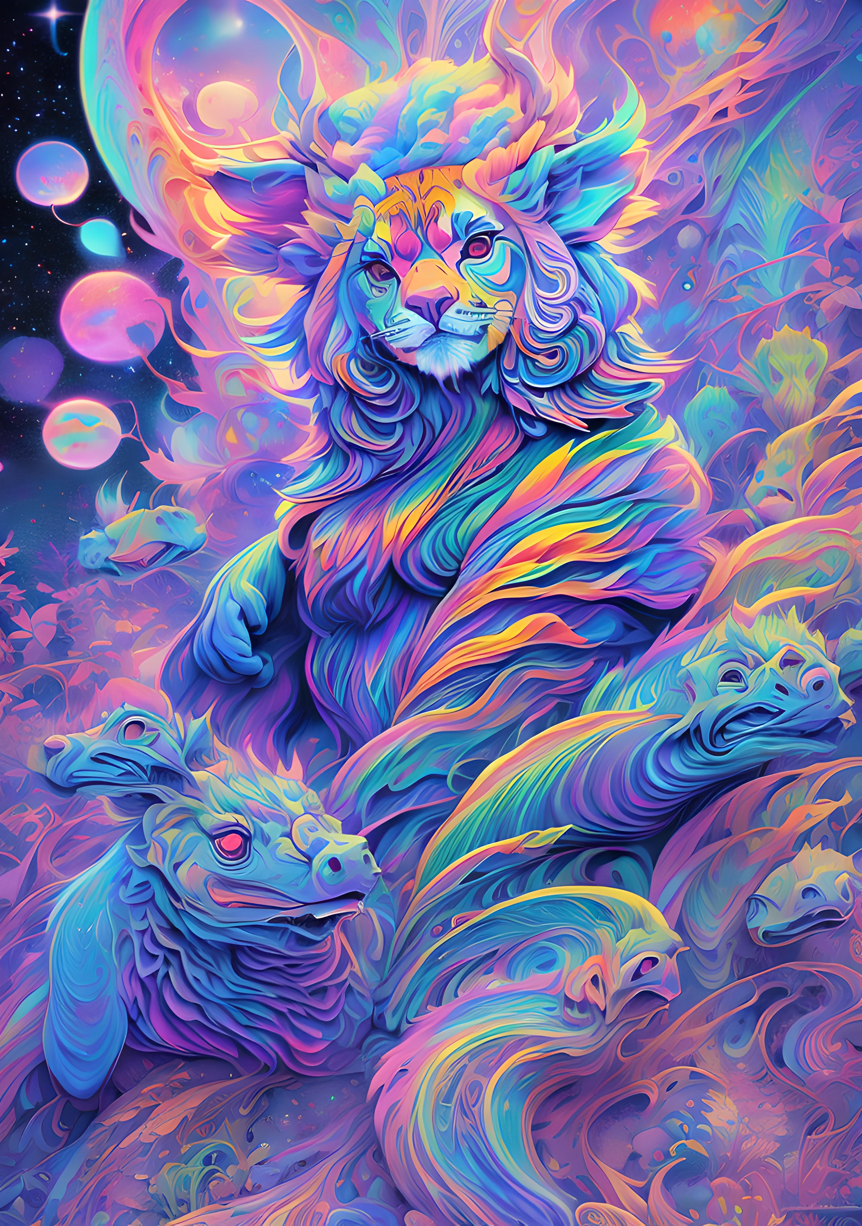 masterpiece, beautiful psychedelic entropy,best surreal masterpiece, top quality, best quality, official art, beautiful and aesthetic:1.2) , blue skin goddess and god standing on top of a mountain top holding eachother ,whole body and legs,below are a eguptian sphinx and pharao,many stars and galaxies in the background ,extreme detailed,colorful,highest detailed, official art, gold leaf ,glitter art ,unity 8k wallpaper, ultra detailed, beautiful and aesthetic, beautiful,fractal art, mystical and otherworldly, with intricate fur and piercing eyes, in the breathtaking mountain landscape of NCWinters ,alex grey ,psychedelic, dmt PsyAI