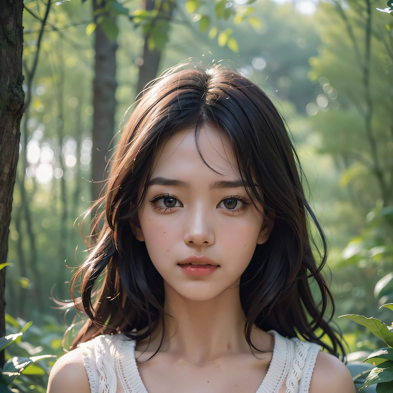 filmg, film portrait photography, 1girl, bare shoulders, wavy shoulder-length hair, serene, calm, (realistic detailed eyes, natural skin texture, realistic face details), soft dramatic lighting, depth of field, bokeh, vibrant details, finely detailed, hyperrealistic, 35mm film, hazy blur --auto