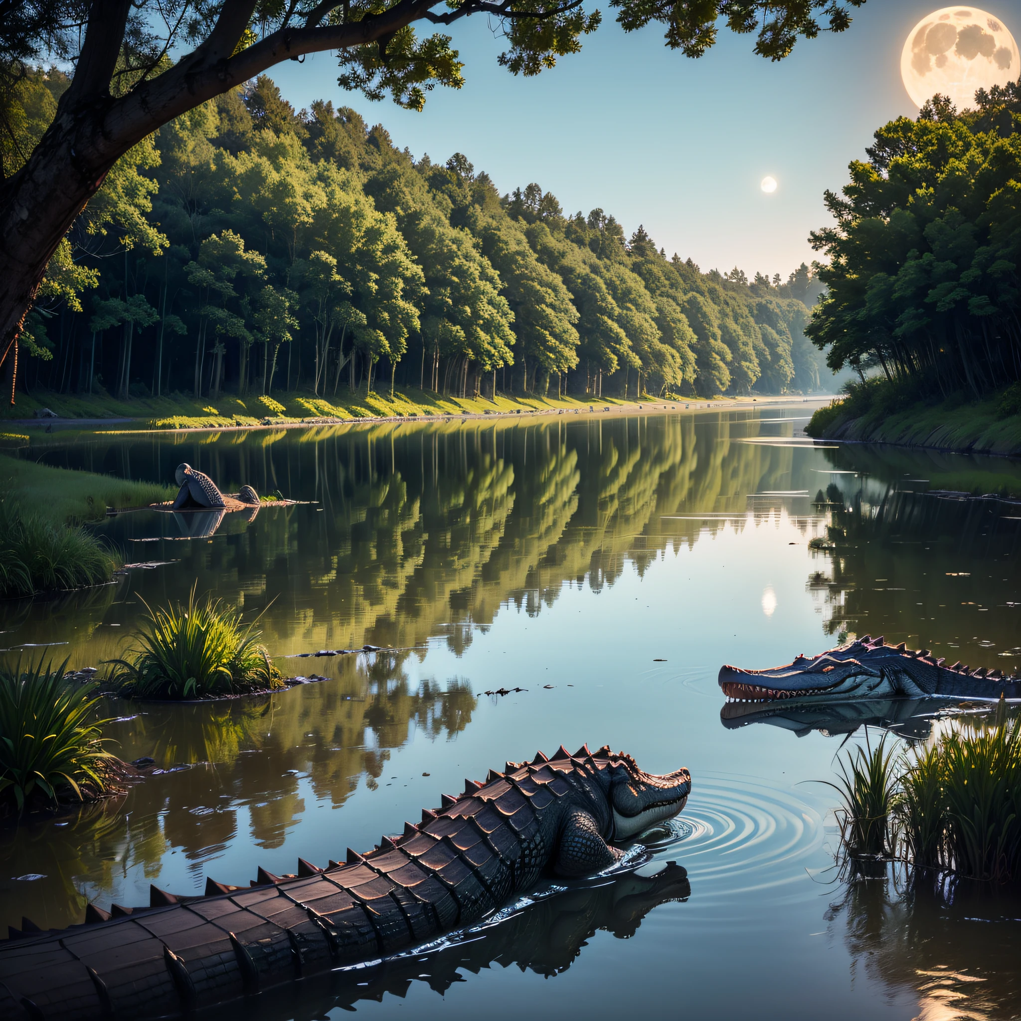 Dark lagoon with hungry alligators, reflecting moonlight between treetops, sons de insetos e grilos preenchendo o ar, a feeling of tension and imminent danger, Fotografia, lente grande angular 35mm, --ar 16:9 --v 5