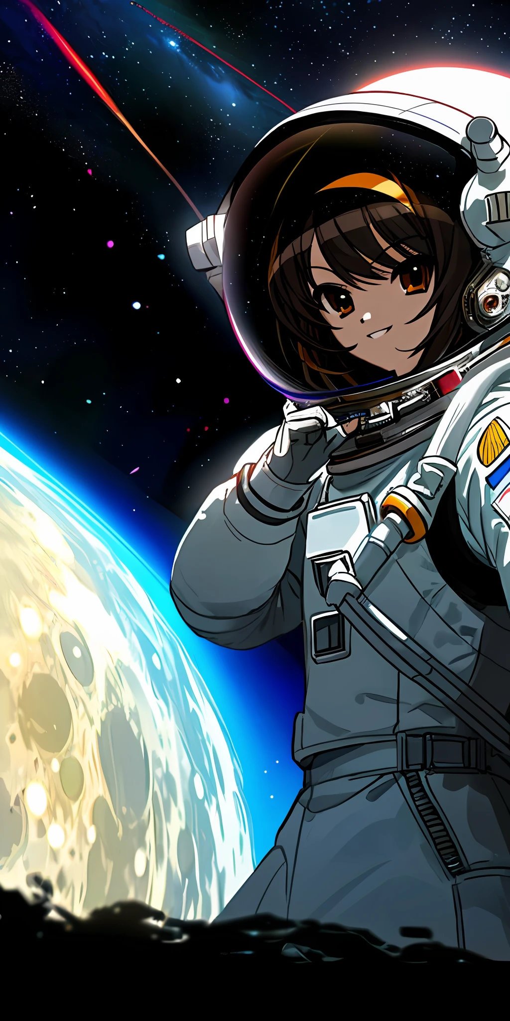 Extreme high quality detailed close-up picture of suzumiya haruhi, Looks happy and amazed, focuses on her upper body. She is in an astronaut helmet and astronaut suit. standing on the moon. the earth is a high quality and detailed reflection on her helmet