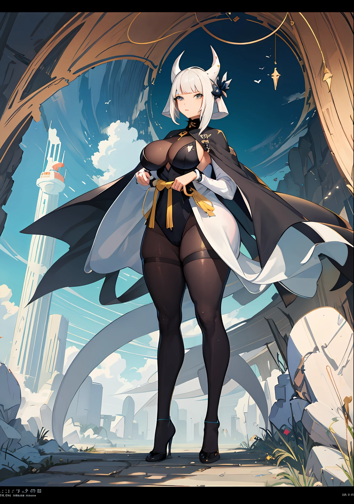 anime girl with a cape and caper standing in front of a cave, art style, thick smooth warframe thighs, giantess art, cell shaded adult animation, onmyoji detailed art, fine details. anime. tentacles, some tentacles are touching her, patreon content, pixiv daily ranking, hollow knight, character hornet, bigger breast, thick smooth thighs, camel toe