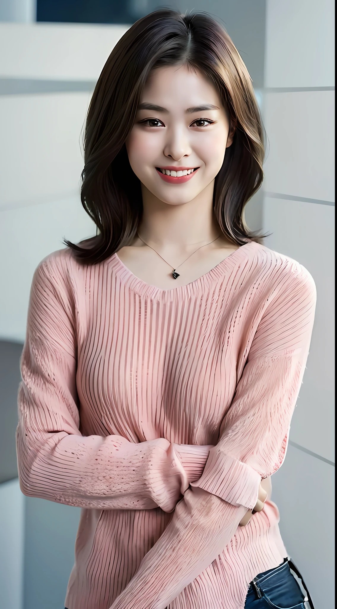 ((Night, Realistic Light, Best Quality, 8K, Masterpiece: 1.3)), 1girl, Slim Beauty: 1.4, Abs: 1.1, (Brown hair, Medium breasts: 1.3), Long pink sweater: 1.1, Bathroom, Super fine face, Delicate eyes, Double eyelids, smile, necklace