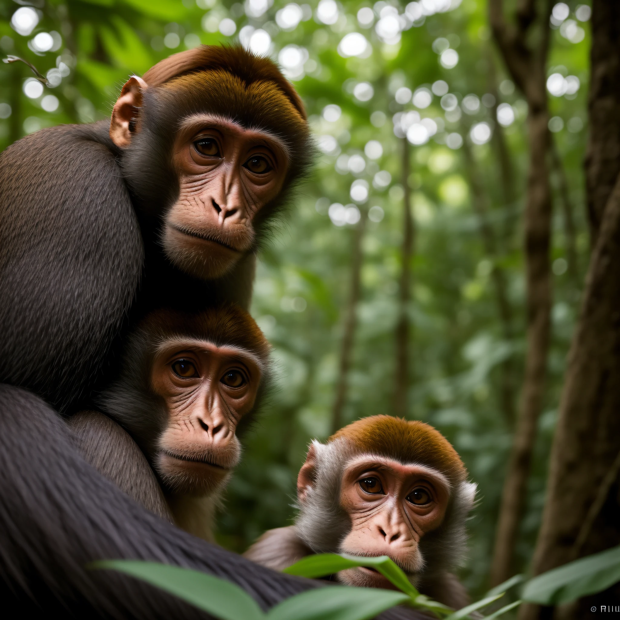 Capture the playful moment of a monkey taking a selfie in the lush forest with the Sony Alpha a7 III camera. Use the versatile Sony FE 24-105mm f/4 G OSS lens to frame the monkey and its surroundings in the shot. Pay attention to composition, positioning the monkey in the center or using the rule of thirds to create an engaging composition. Be patient and observant, waiting for the monkey to strike a pose or interact with the camera. Ensure the lighting is natural and diffused, taking advantage of the dappled light filtering through the trees. Adjust the camera settings to capture the fine details of the monkey's fur, expression, and the vibrant colors of the forest. This unique self-portrait moment will capture the charm and curiosity of the monkey in its natural habitat.
