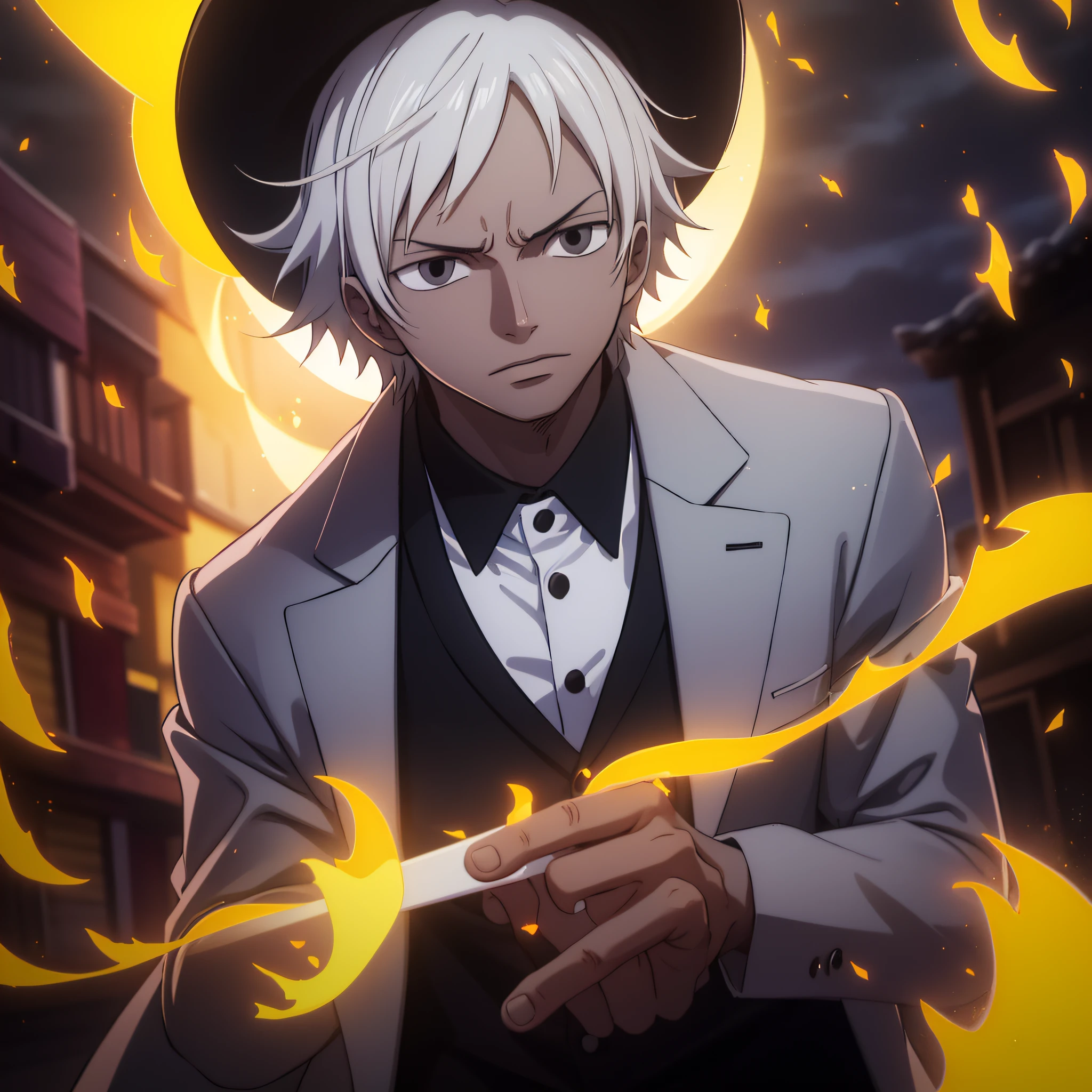 young man, black and gray tones, black skin, light black skin, black suit, black eyes, holding hat, focus on face, white hair, light hair, high quality image, 8k, street background, Night, dark sky, flames black around, magic