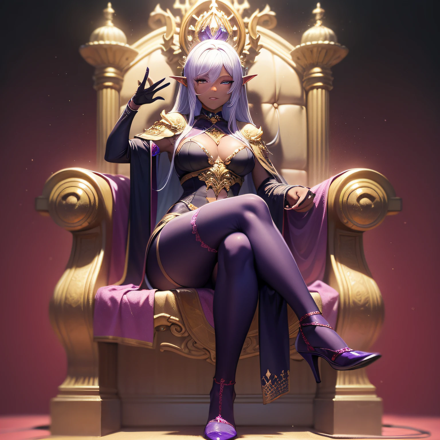 A dark elf with dark skin and purple eyes sits on a throne foot to foot, dark fantasy
