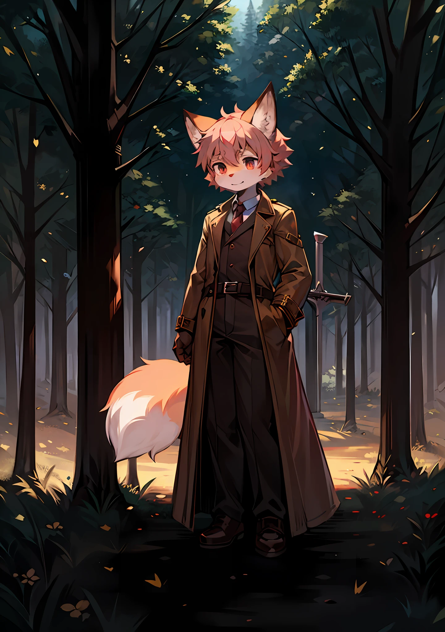ln the forest，children's，Beast too，red fox，Dorsal arch，Hold an iron sword in your right hand，Wear a brown trench coat，large tail，adolable，byself，There are moire patterns on the head，short stature，Short snout，largeeyes