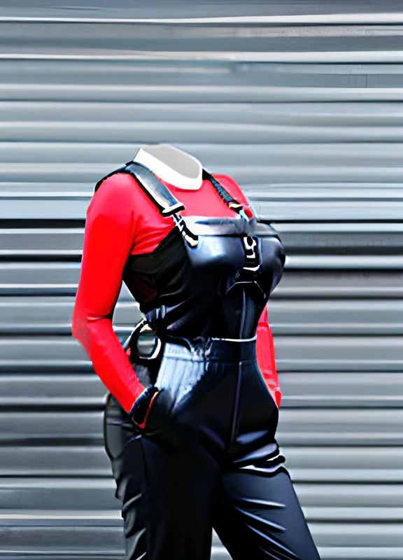 a pair of red rubber mechanics coveralls with absolutely huge tits