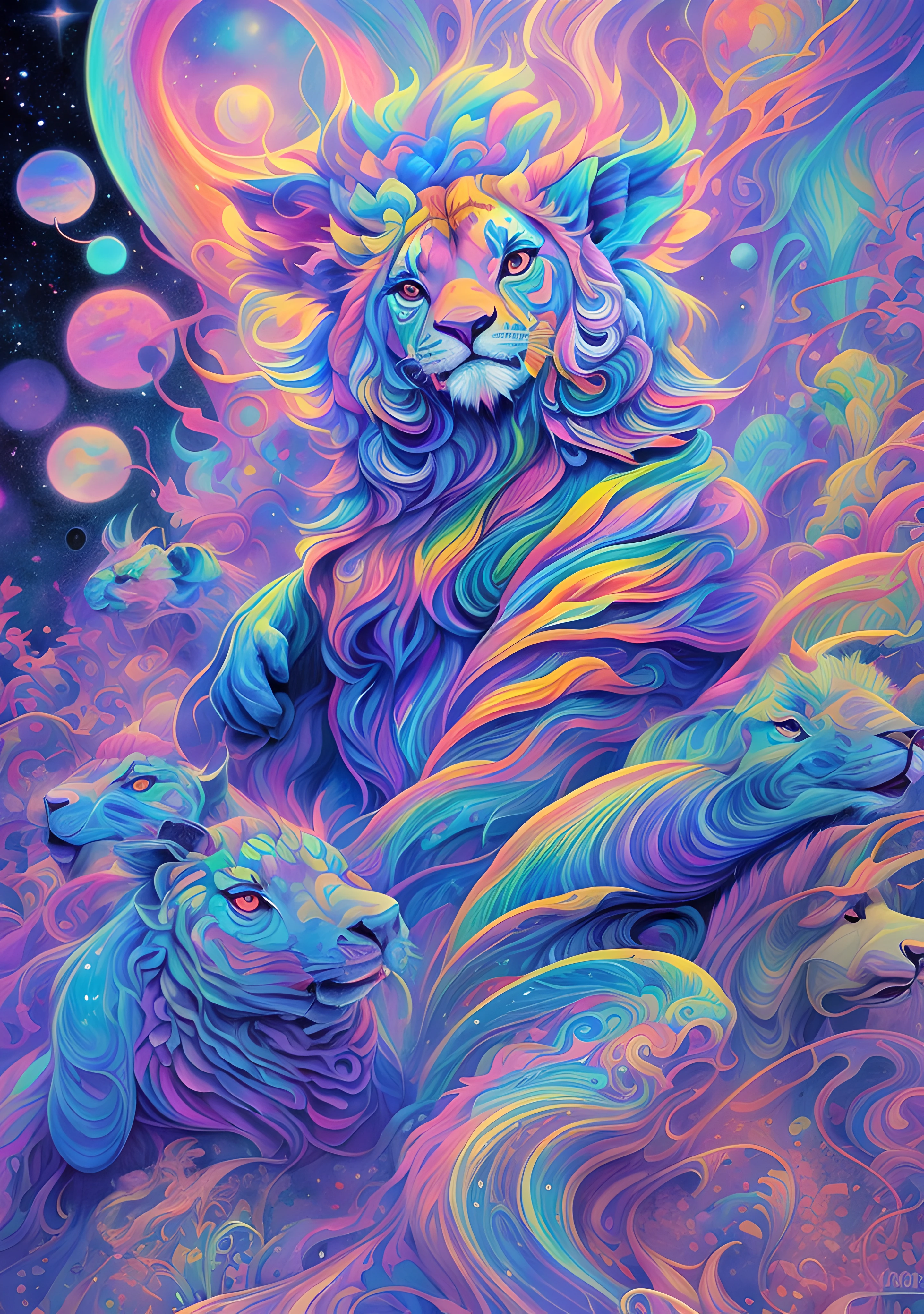 painting of a lion and a sheep in a colorful space, jen bartel, beeple and jeremiah ketner, psychedelic art style, trippy vibrant colors, trippy art, portrait of a lisa frank, psychedelic illustration, surreal colors, cosmic tiger, psychedelic aesthetic, psychedelic trip, lisa frank style, trippy colors, in style of lisa frank, whimsical and psychedelic