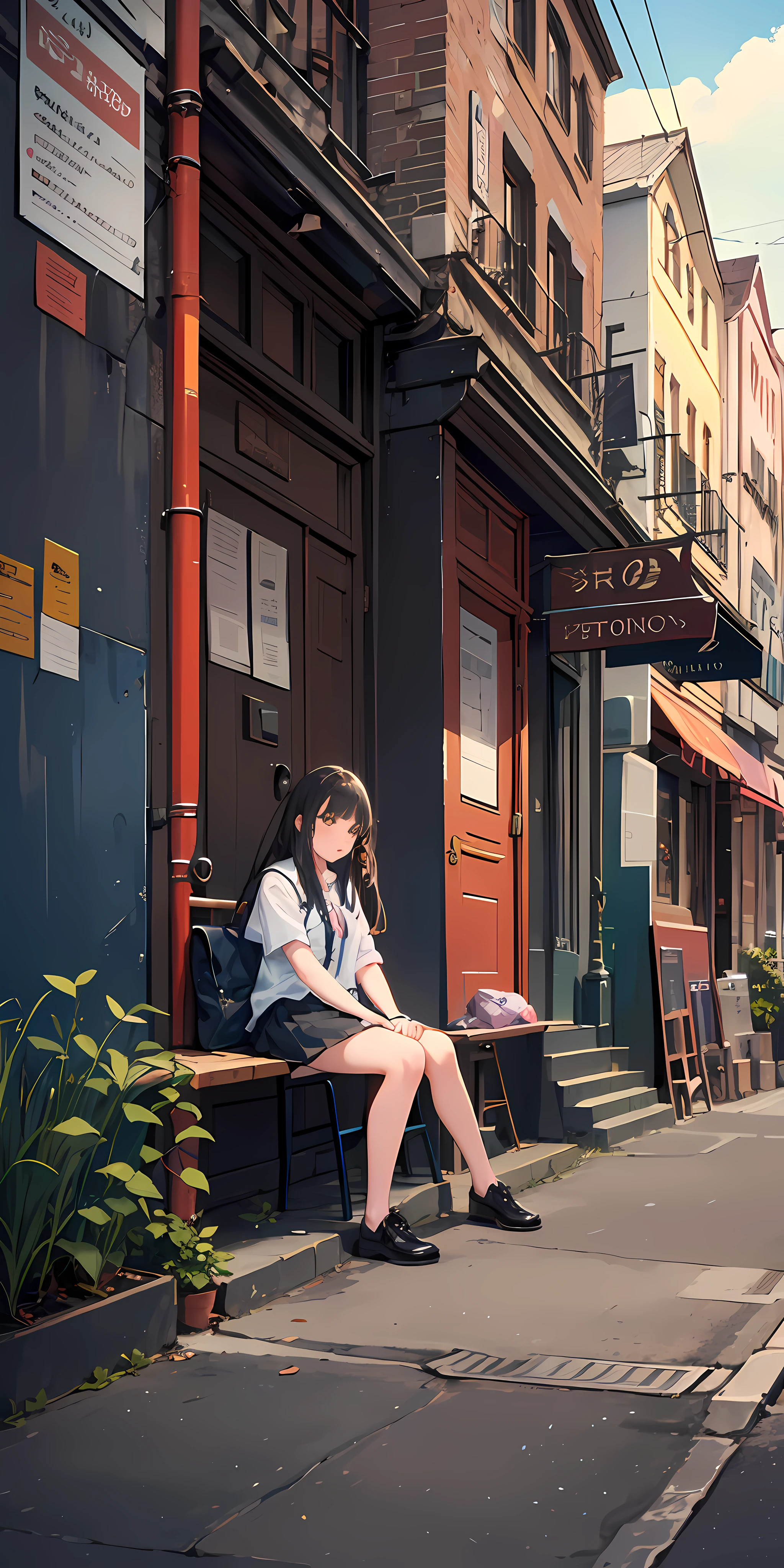 high qulity,One girl is sitting on a bench,look from down,