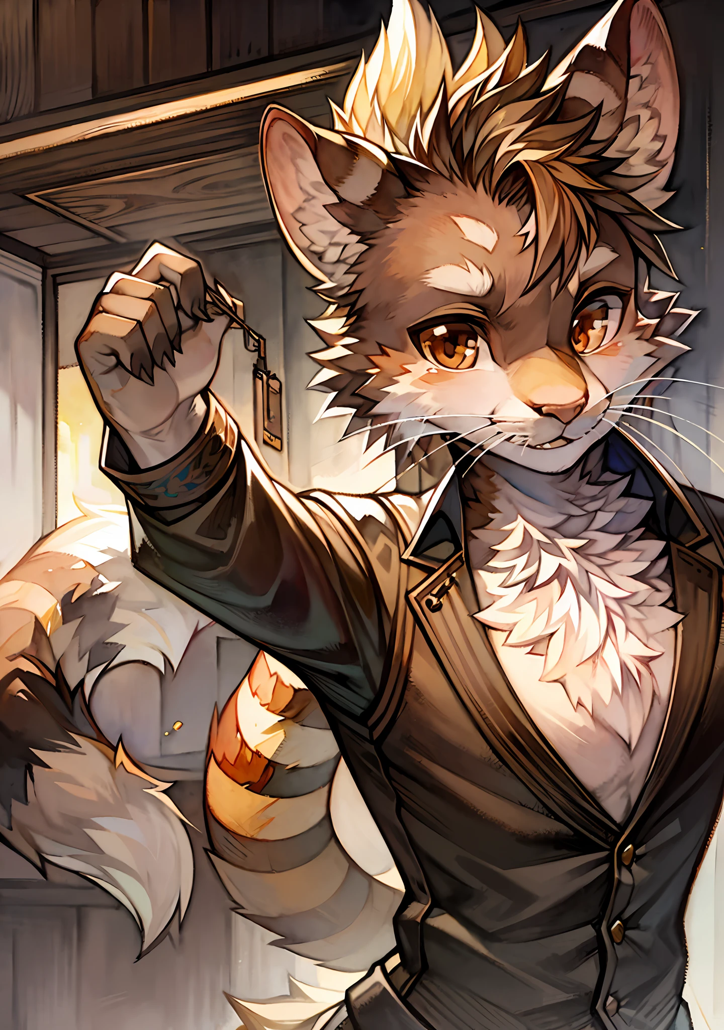 Alinor Ringtail, brown fur, sharp brown eyes, whiskers, dark brown tail with white stripes, this creature likes to steal things, masterpiece, best quality, (in watercolor painting style)