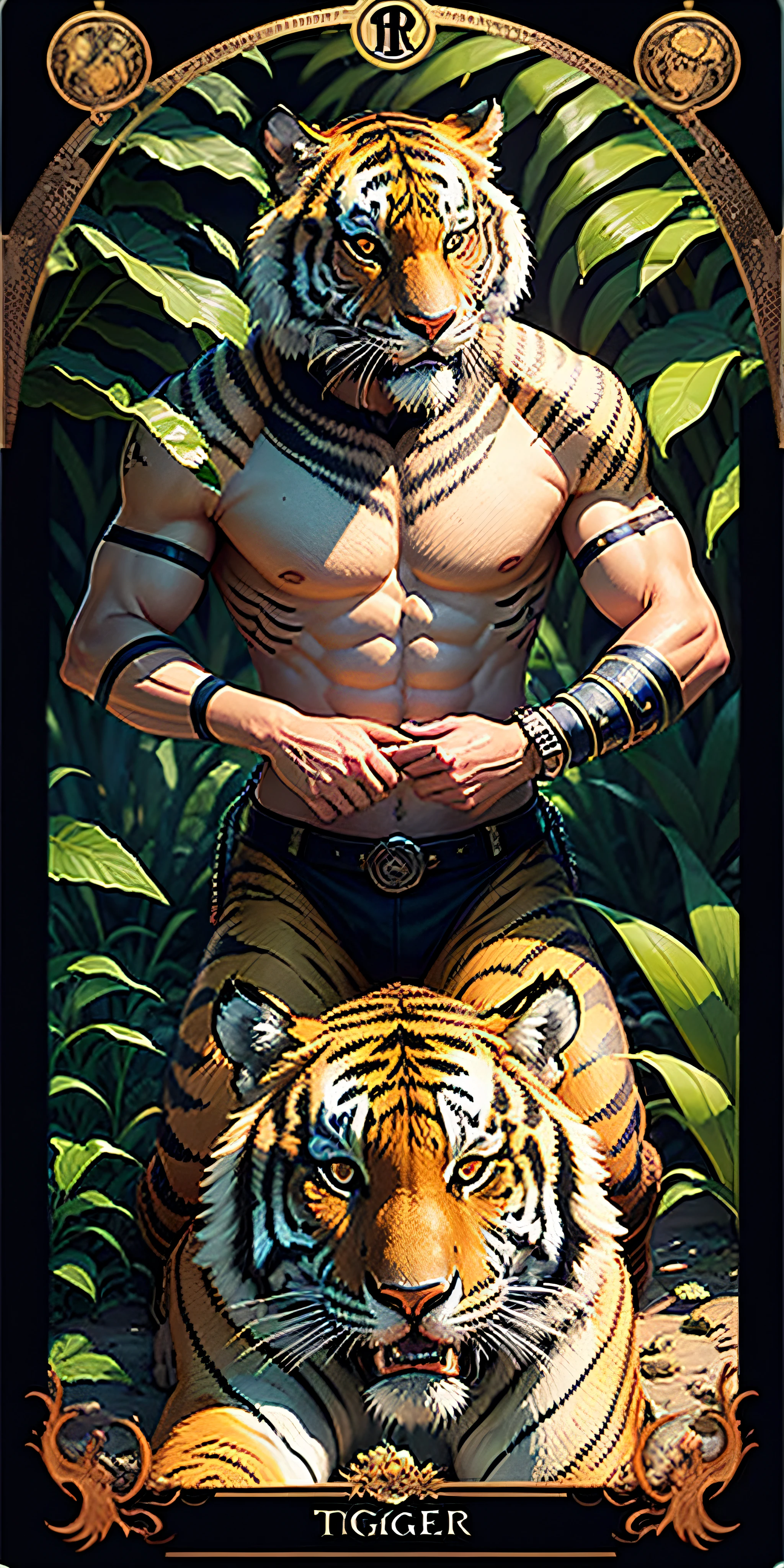 Tiger Shaman Tarot card, mystic, floral borders, jungles, photorealistic , detailed --auto