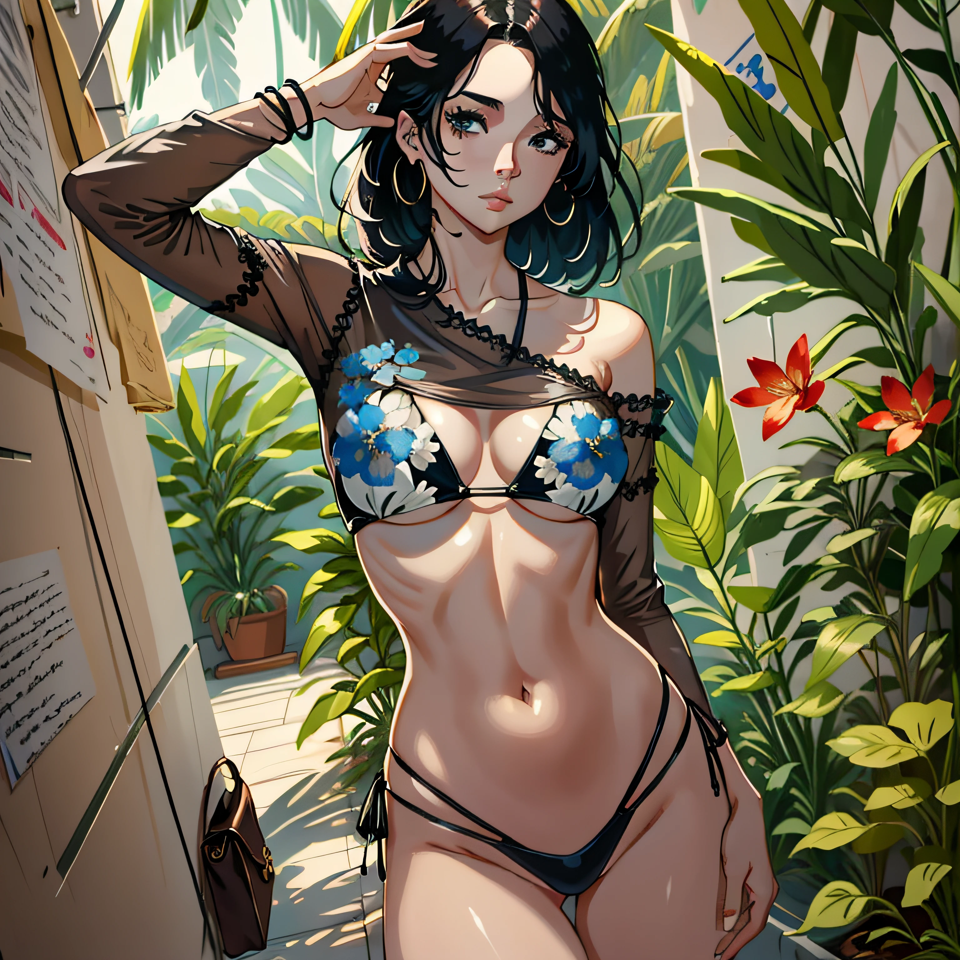 Hay una mujer en bikini posando frente a una pared, Obras de arte al estilo de Guweiz, Tendencias en CGVatstation, 🌺 CGSociety, Modelo IG | Artgerm, deviantart Artstation cgscosiety, Al estilo de Ross Tran, Arte digital. Artstation, [ Arte digital 4K ]!!, pose casual