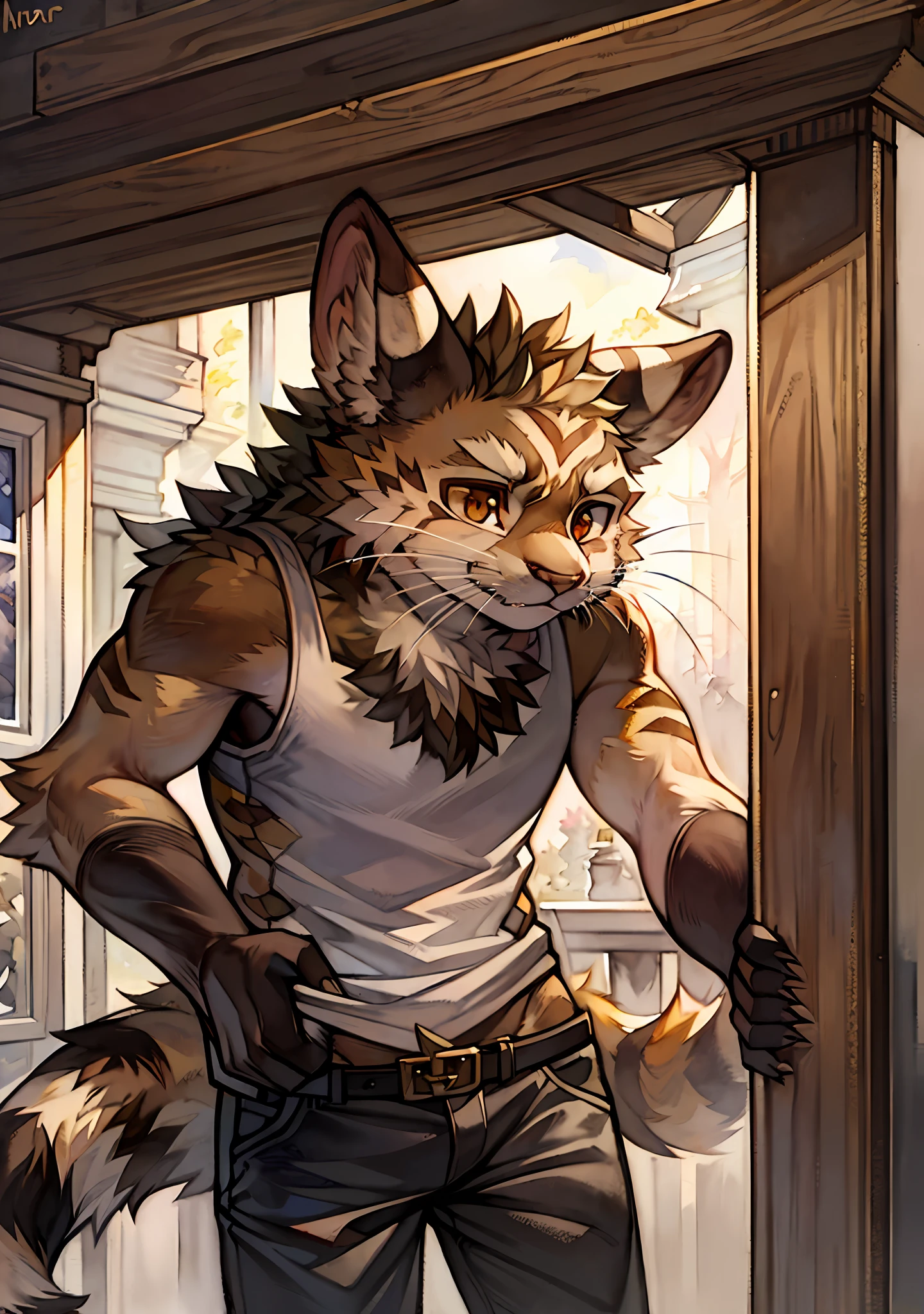 Alinor Ringtail, brown fur, sharp brown eyes, whiskers, dark brown tail with white stripes, this creature likes to steal things, masterpiece, best quality, (in watercolor painting style)
