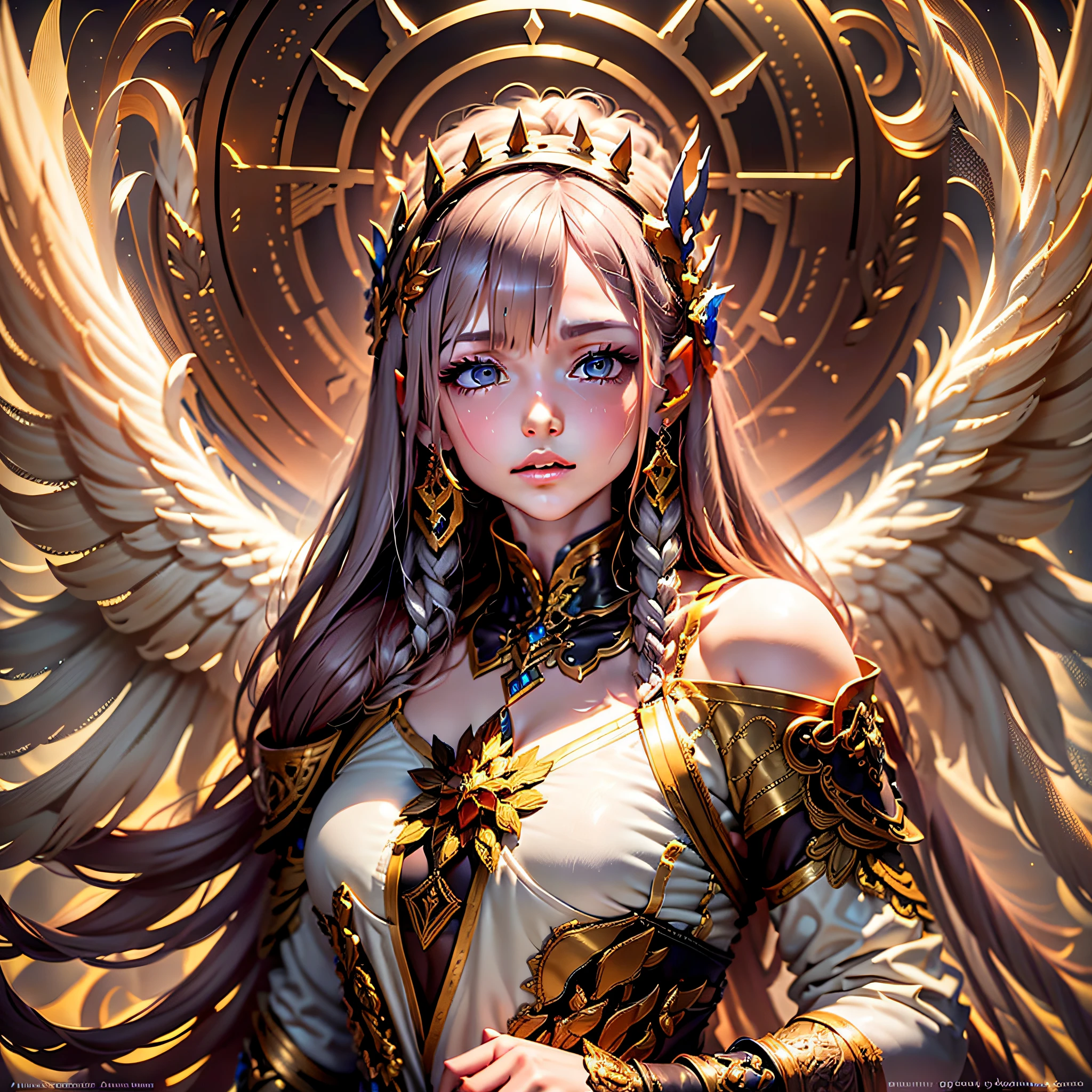 Anjo blindado dourado, asas feitas de energia, halo de metal, sem rosto, encapuzado, ouro, fantasia, arte conceitual, ultra realista, arte do personagem tipo diablo 3