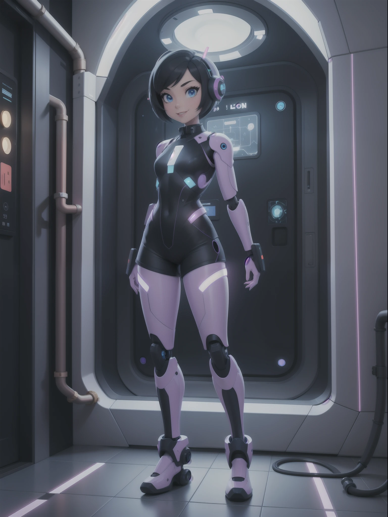 ((full body, standing):1.5), {((1 woman))}, {((with bionic body parts, wearing extremely tight black sleeveless shirt, short gin shorts)), ((very short hair and lizo purple, blue eyes)), staring at the viewer, smiling, ((doing erotic poses)), ((in a futuristic spaceship, in front of an elevator, window showing outer space, futuristic machines, humanoid robots, pipes with lights))}, 16k, best quality, best resolution, best sharpness, ultra detailed