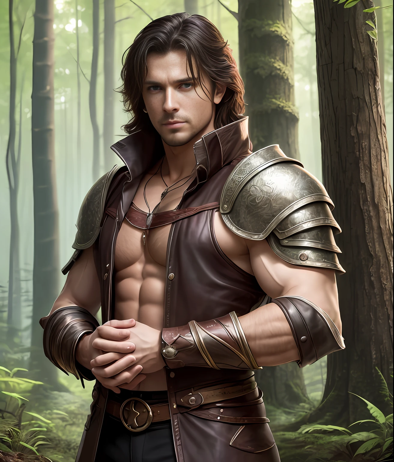 Beautiful realistic photo, A man stands near a tree, leaning against it, (Correct anatomy of the hands), Dressed in a closed suit, The torso is covered with armor, Shoulder-length dark hair, beatiful face, With clean skin, The man was wounded in the side, Anger and rage on his face, detailing, Correct anatomy of the hands; beatiful face, Clean skin, tanning on the skin, The background is a summer forest thicket, romance novel cover, romance book cover, Romantic Fantasy, Book Cover Style, novel, Urban fantasy cover of the novel, The cover of a fantasy book, Fantasy genre portrait