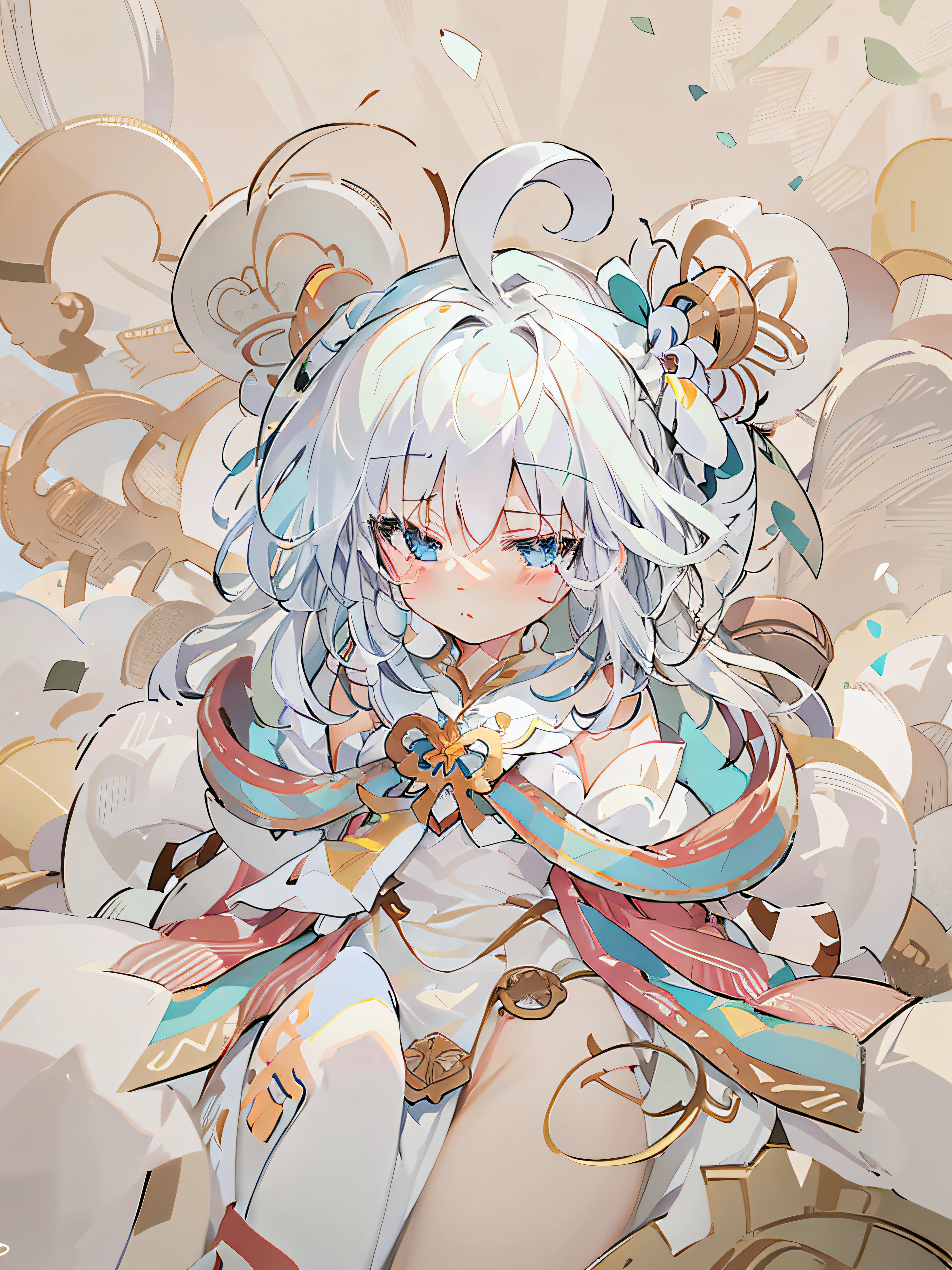Anime - Style drawing of a girl with a bow and flowers in her hair, small curvaceous , Soft anime illustration, Splash art anime Lolili, whhaired god, ribbon in her hair, lovely art style, offcial art, small loli girl, a moe art style, Ribbons and flowers, zerochan art, and the sun was shining brightly，Light and shadow in detail