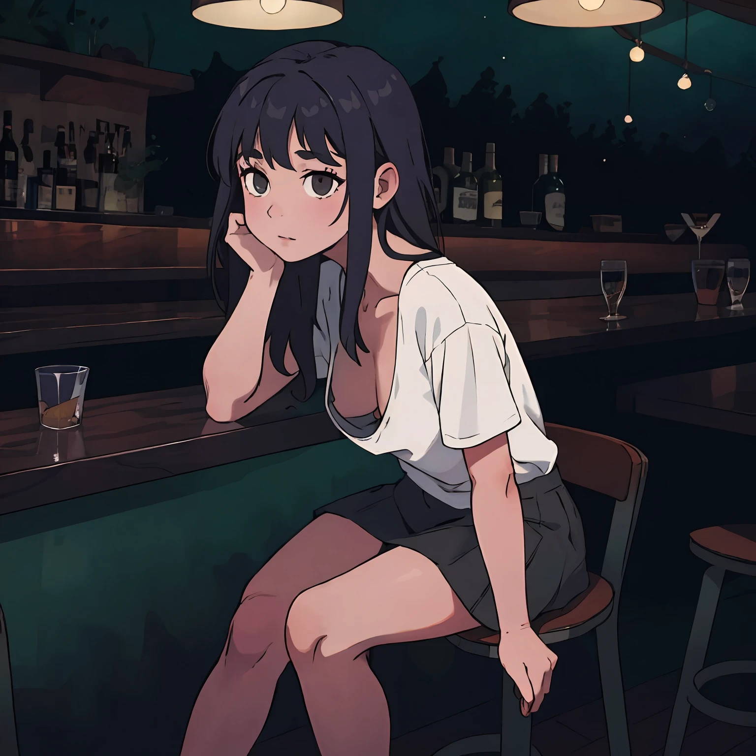 (masterpiece:1.2, best quality), (highly detailed:1.3), 1girl, long hair, loose t-shirt, mini skirt, white panties, leaning forward, medium breasts, nipple, sitting in bar, drunk, evening, extended downblouse, dark theme