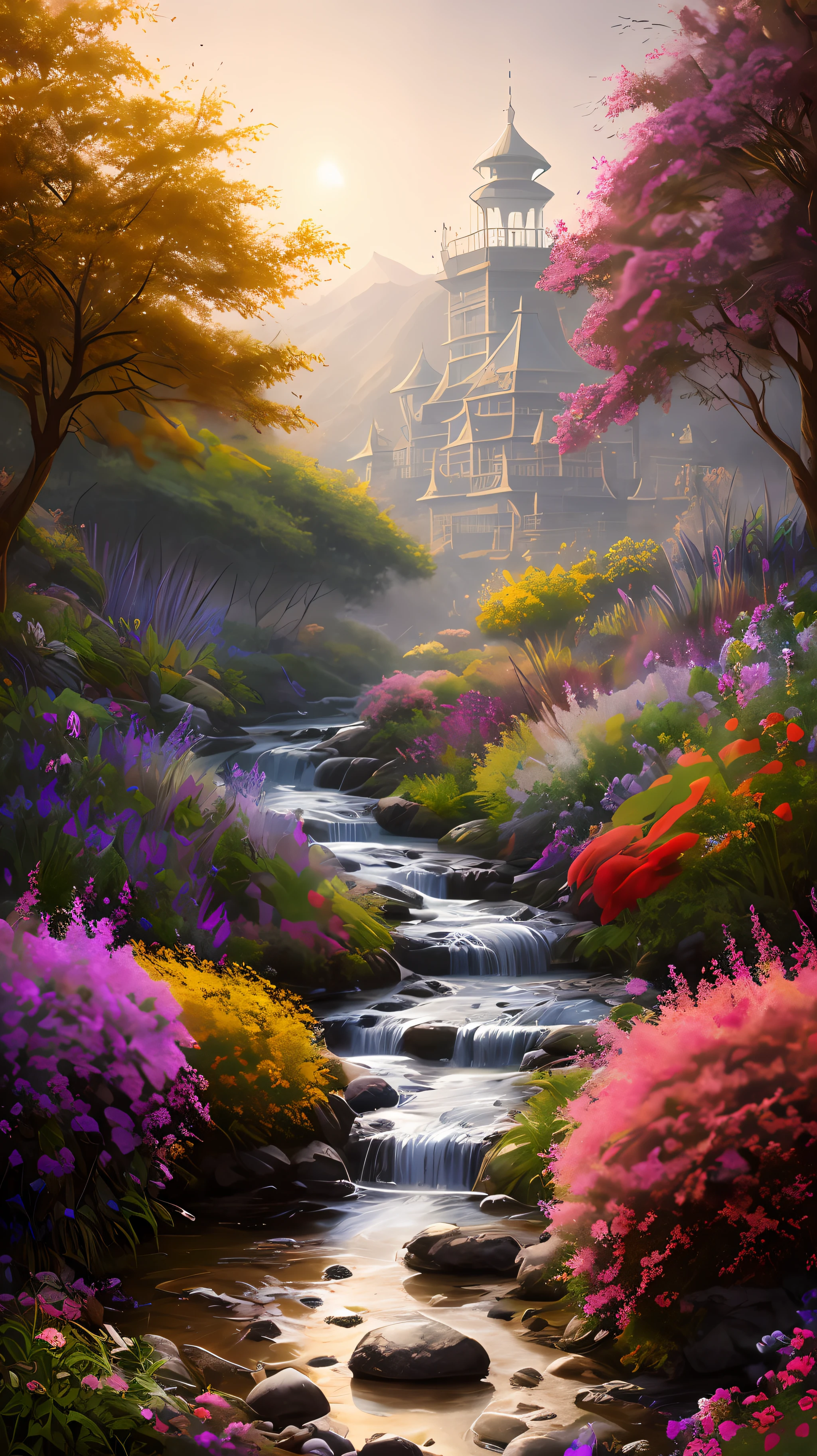 (best quality, masterpeace), (ultra-detailed color), cosmic garden full of exotic alien flora and fauna, perfect composition, best display, (golden ratio: 1.2), HDR, drama, cinematic lighting, trends on artstation, trends on CGSociety, professional oil paintings, boundless details,
