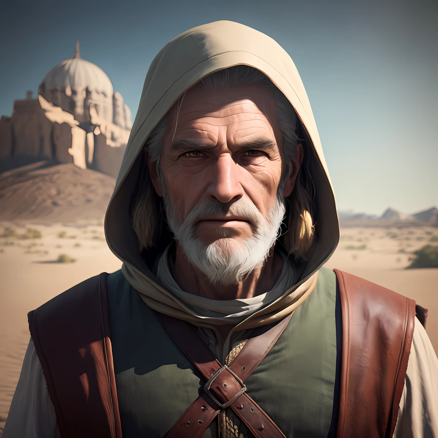 Homem com uma jaqueta com capuz e um capuz no deserto, Personagem pequeno. Motor Unreal 5, non-Unreal Engine 5 rendering, portrait of bedouin d&d, Feito em Unreal Engine 5, cinematic bust portrait, Criado em Unreal Engine 5, Unreal Engine 5 4 K UHD imagem, 8k portrait render, Image of a hyper-realistic male cleric Book cover of a 60-year-old man dreaming of a better life looking at the horizon Blurred cinematic background,fotorrealista, studio dark, Rim lighting, dual-tone lighting,8k UHD, DSLR, soft-lighting, alta qualidade, volumeric lighting, sincero, fotografia, alta resolução,There's a man with a white beard, Biblical garments, ao ar livre, sem colete, Cinematic realistic portrait, cinematic bust portrait, arte conceitual ultra realista, Wojtek FUS, arte digital hiper detalhada, inspirado no artista de personagens seniores, arte do personagem do motor irreal, arte de personagem impressionante, Arte conceitual 4K e hiper realismo, Arte digital altamente realista, Old sage in the desert, Profeta FOTO escura: epic realistic, ((Biblical garments)) Soft cinematic portrait, Adobe Lightroom, photographic lab, altamente detalhado, desbotado, (cores neutras: 1,2), (HDR: 1,4) , (cores suaves:1.2), hiperdetalhado, (art-station:1.4), cinemactic, luzes quentes, dramatic light, (detalhes intrincados:1.1), fundo complexo, (Rutkowski:0.66), (azul e laranja:0.4) homem mais velho, barba branca, severe features, Retrato pintado de Odin acidentado, Retrato pintado de Zeus acidentado, Nicodemos, Retrato Zeus, retrato do homem velho, Mito grego pintura digital, Retrato de Zeus acidentado, Retrato de Merlin, Wise old man, Retrato de Gandalf , with tunic , wearing a hooded tunic, airs of sage , wears a simple tunic, biblical clothing, Very old sage, marcado, Rigid resources, criado no deserto, bronzeado, alta resolução, trabalho-primor, sem cinto ou colete, only battered tunic, epic