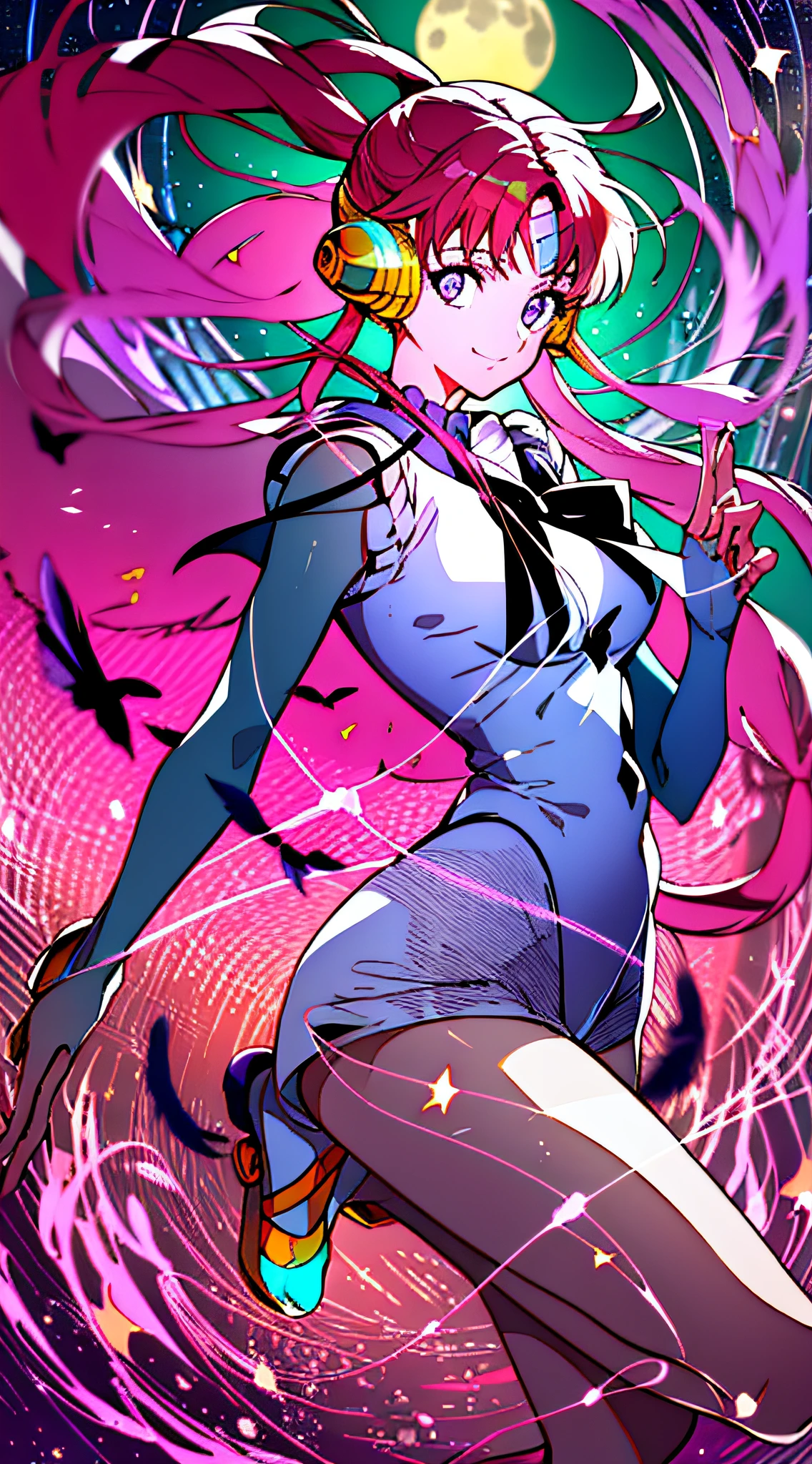 (((Masterpiece))), (best qualighy, best resolution:1.2), ultra perfect anatomy, very delicate, super gorgeous hair, very long and beautiful hair, multicolored hair, absurderes, glowing eyes:1.2, white and purple bodysuit:1.4, clothes under clothes, full body, pigeon-toed, holding a sailor moon stick, smiling moon and stars in the background, unique art, most beautiful art, ((very detailed)), beautiful details, ((nice drawn hands and fingers)), (most beautiful legs), depth in field, cinematic lightining, colorful, (gradient)