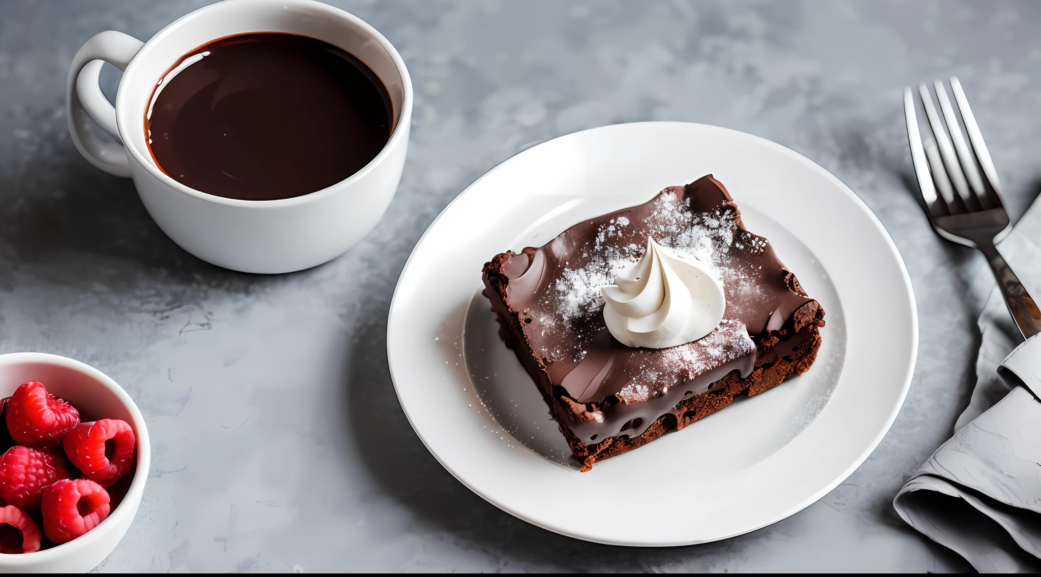 Realistic and minimalist photography of a perfectly baked cocoa brownie on a pristine white plate, showcasing its gooey texture, topped with a sprinkle of powdered sugar, surrounded by a few fresh raspberries, a subtle drizzle of chocolate sauce cascading down, capturing the richness of the dessert, Photography with a DSLR camera, 50mm lens, f/2.8 aperture, natural lighting, --ar 1:1 --v 5 --auto