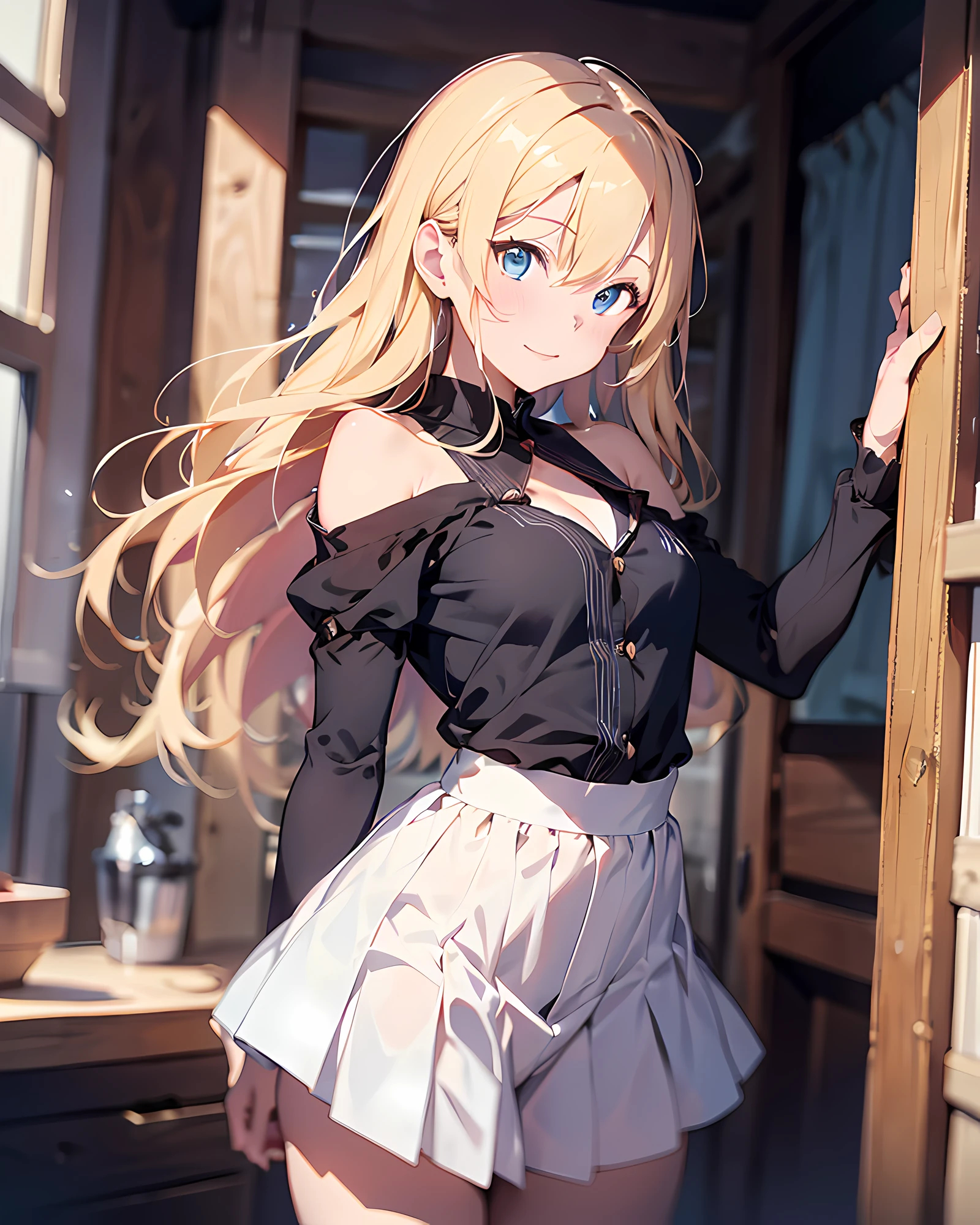 anime style illustration, highres, ultra detailed, (1girl:1.3), (dynamic pose):1.0 BREAK, cowboy shot, (pale skin:1.3), ((detailed blue eyes)), (bokeh effect), (dynamic angle), 1 extremely beautiful and glamorous Korean Idol at bedroom, wearing a bare shoulder shirts and a grey pleats skirt, black stockings, BREAK, she has blonde wavy two-side-up hair style, medium-breasted, light smile, happy, wind, 8 life size, detailed clothes, detailed body, detailed arms, human hands, detailed hands, blush, light smile, pink lip gloss, looking the viewer, facing the viewer, sexy model posing, extremely leaning forward against the viewer, studio soft light, cinematic light, detailed background, realistic, ultra-realistic, masterpiece, 32k ultra-sharp image, Japanese anime waifu, concept art by Kyoto animation, Makoto Shinkai,