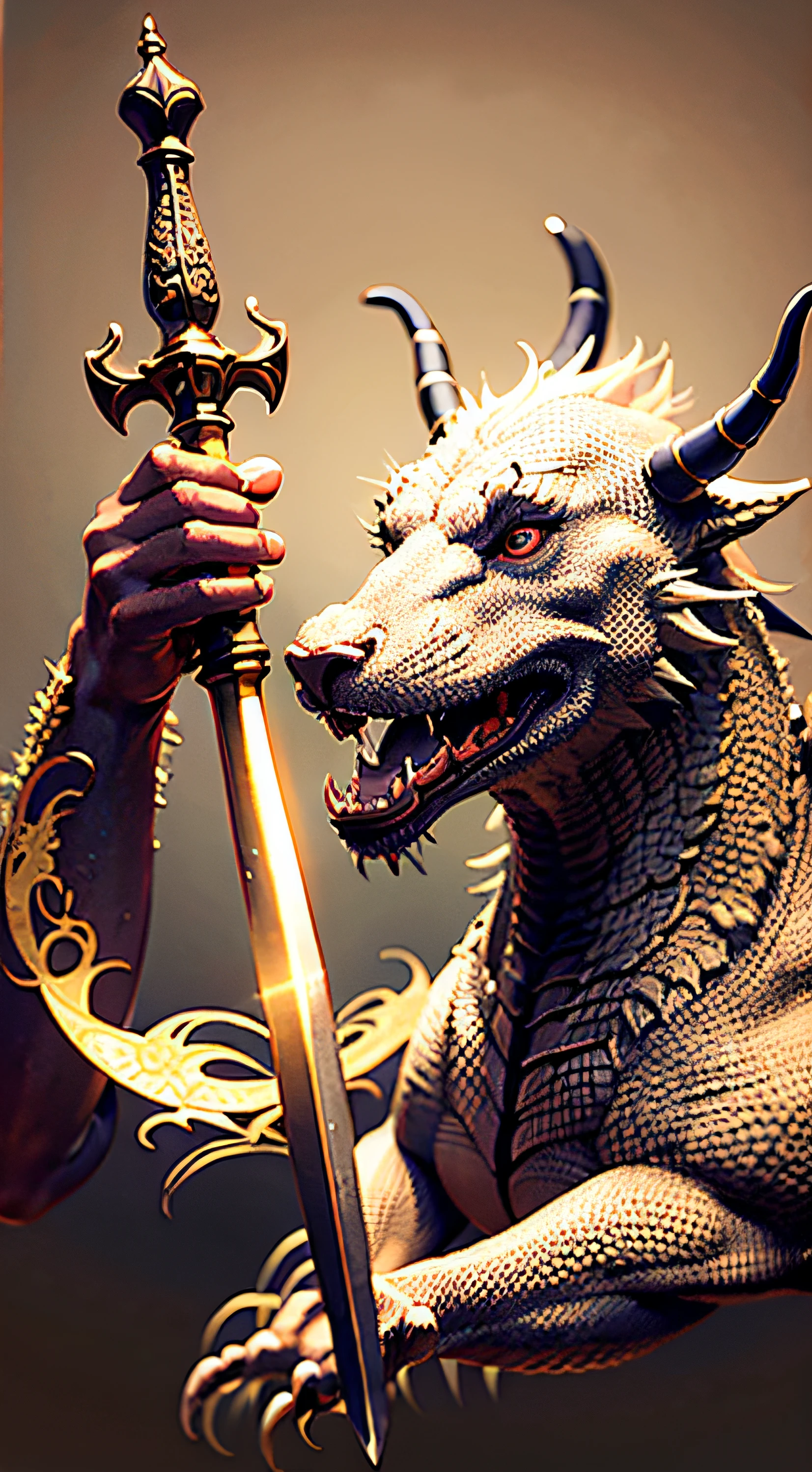 black pesinage with dragon's head and a sword