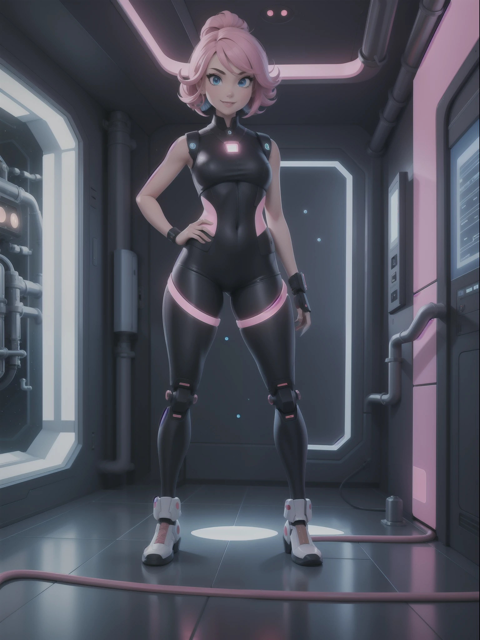 ((full body, standing):1.5), {((1 woman))}, {((with bionic body parts, wearing extremely tight black sleeveless shirt, short gin shorts)), ((very pink hair short and smooth, blue eyes)), staring at the viewer, smiling, ((striking an erotic pose)), ((in a futuristic spaceship, in front of an elevator, window showing outer space, futuristic machines, humanoid robots , pipes with lights))}, 16k, best quality, best resolution, best sharpness, ultra detailed