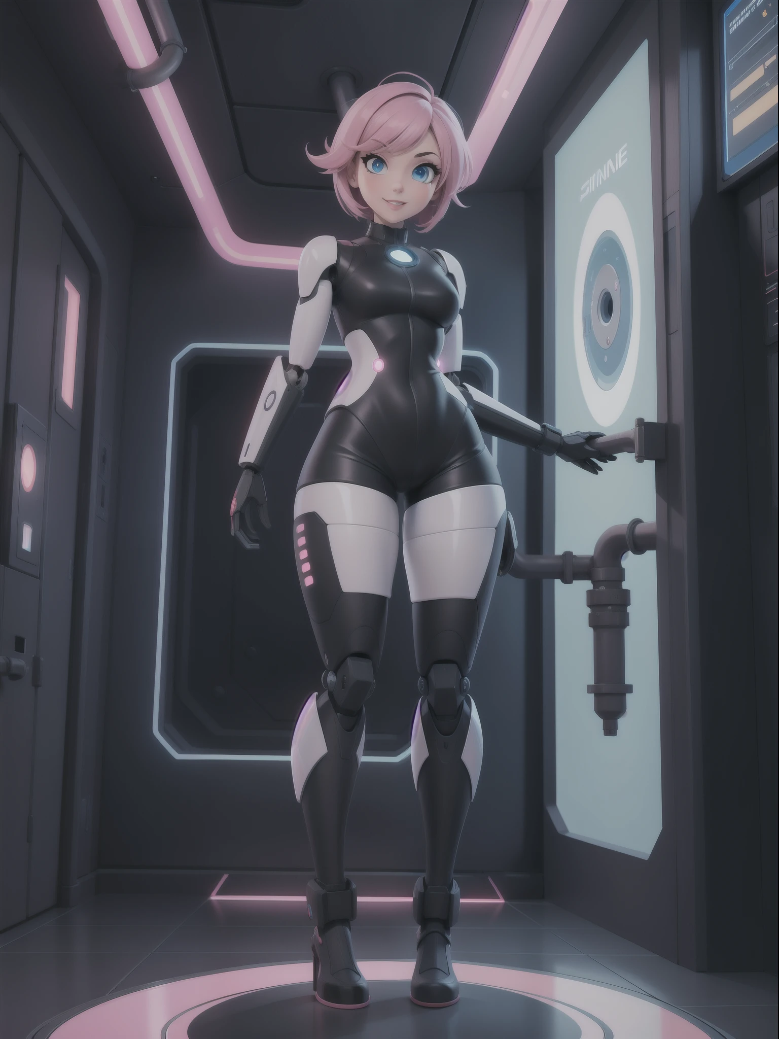 ((full body, standing):1.5), {((1 woman))}, {((with bionic body parts, wearing extremely tight black sleeveless shirt, short gin shorts)), ((very pink hair short and smooth, blue eyes)), staring at the viewer, smiling, ((striking an erotic pose)), ((in a futuristic spaceship, in front of an elevator, window showing outer space, futuristic machines, humanoid robots , pipes with lights))}, 16k, best quality, best resolution, best sharpness, ultra detailed