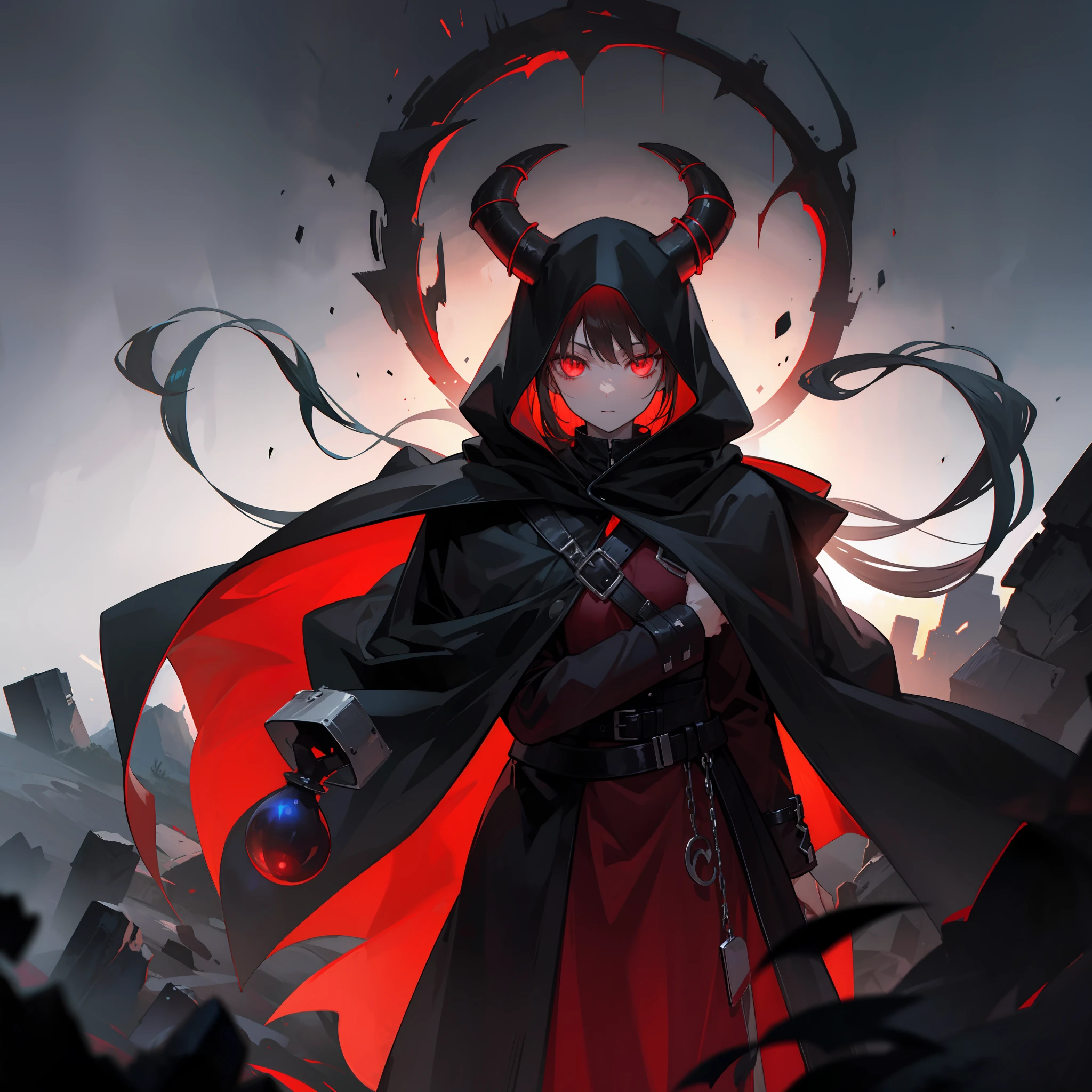 A shadowy demon figure with glowing red eyes, and a cloak of black