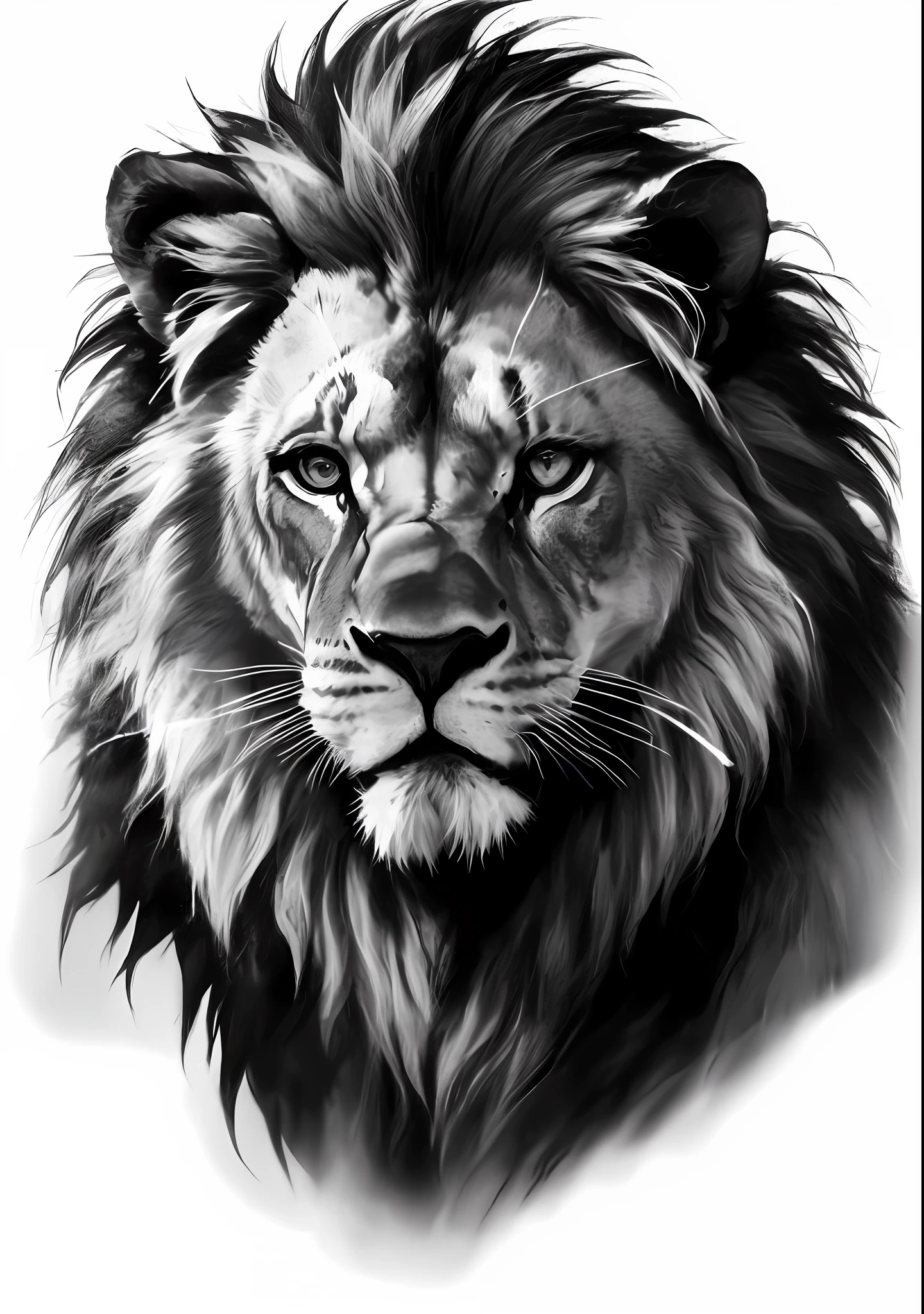 Black and white photo of a lion, lion head, High quality sketch art, author:Adam Maczynski, high quality sketch, king of the jungle, portrait of a lion, 2 d portrait of a lion, author:Adam St. Peter's, realism tattoo drawing, Airbrush illustration, lion