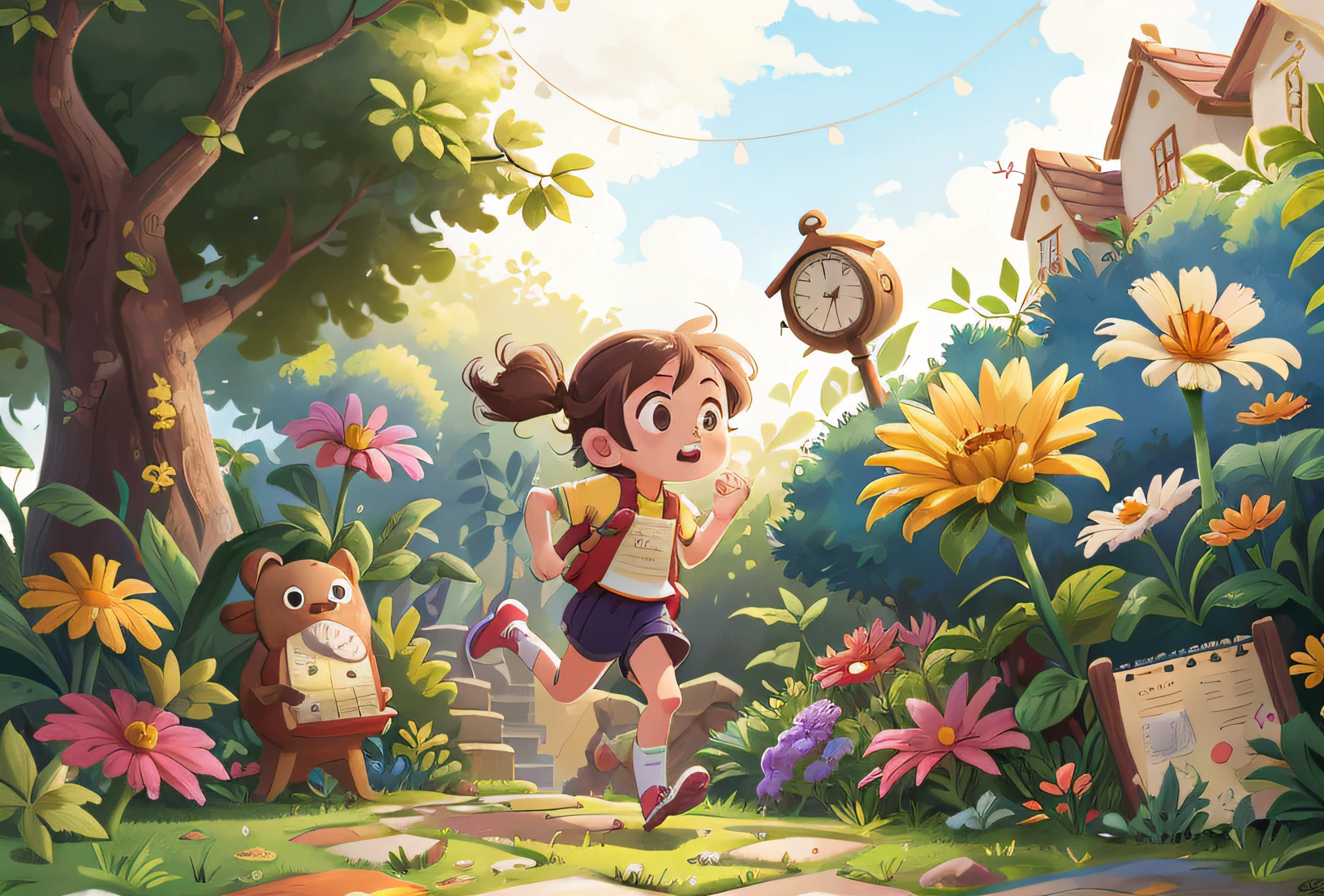 A 6--old l is running in a garden, She's wearing gardener clothes, is holding treasure map, assustada, side view of the scene, qualidade perfeita, Foco claro