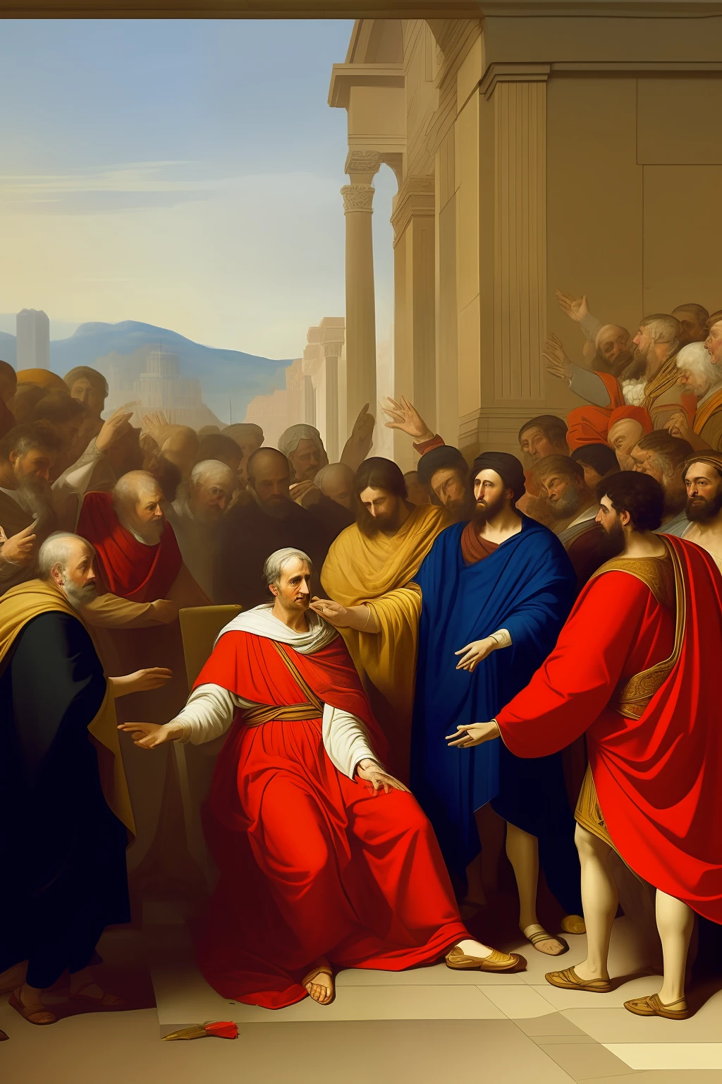 Reimagine the picture of Julius Caesar being assassinated by Roman senators
