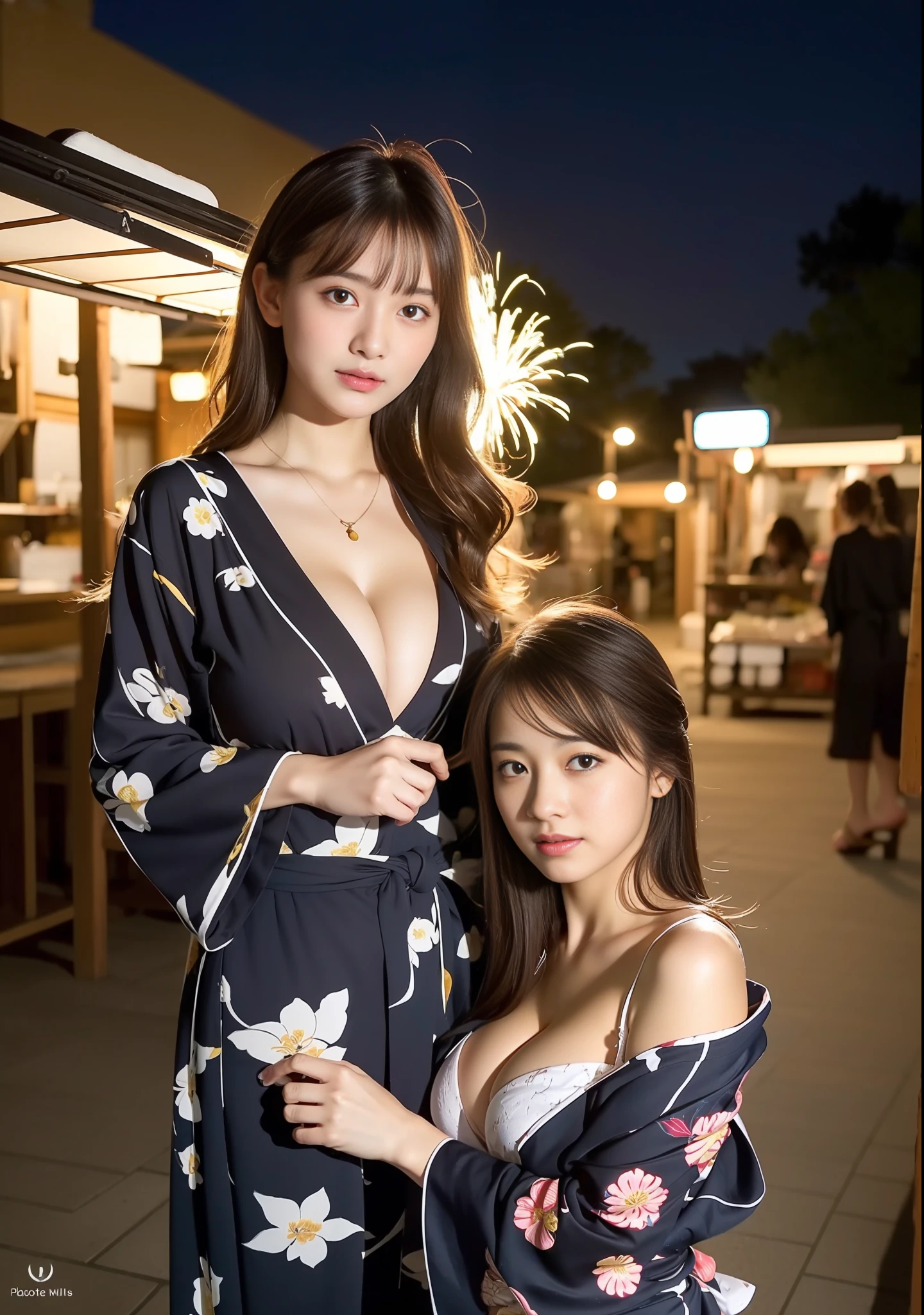 ​masterpiece、top-quality、(realisitic、Photorealsitic:1.37)、(女の子1人)、Squat with crotch open、M-shaped legs、hight resolution、extremely delicate and beautiful、Night shooting、fireworks at background、food stand、ultra-detailliert、ighly detailed、Cute Japan Girl、Unripe、独奏、Long wavy hair、beatiful detailed eyes、g-cup、large full breasts、((detaileds:Sexy floral pattern yukata showing cleavage))、no-bra、Geta、Sandals、With bangs,