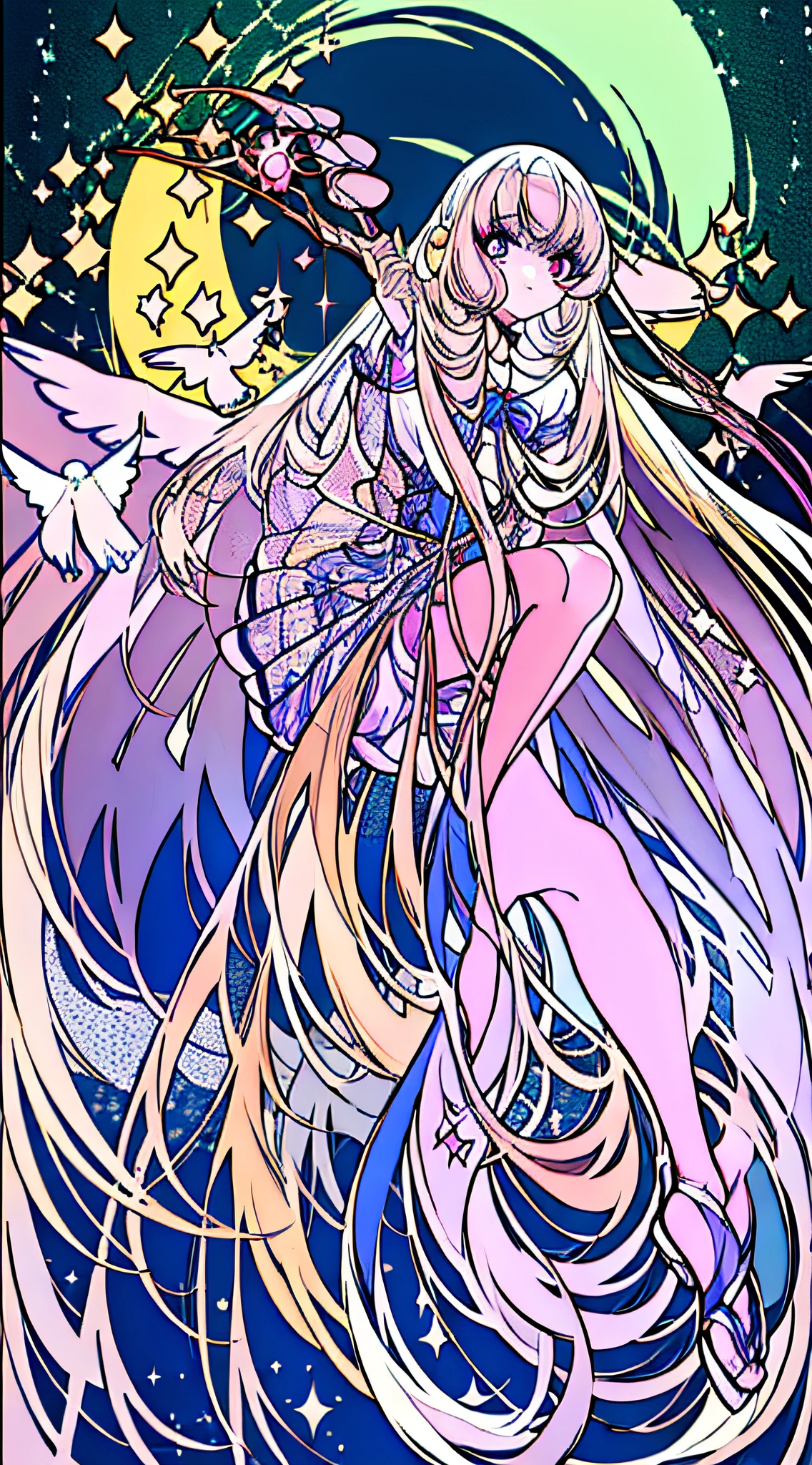 (((Masterpiece))), (best qualighy, best resolution:1.2), ultra perfect anatomy, very delicate, super gorgeous hair, very long and beautiful hair, multicolored hair, absurderes, glowing eyes:1.2, white and purple bodysuit:1.4, clothes under clothes, full body, pigeon-toed, holding a sailor moon stick, smiling moon and stars in the background, unique art, most beautiful art, ((very detailed)), beautiful details, ((nice drawn hands and fingers)), (most beautiful legs), depth in field, cinematic lightining, colorful, (gradient)
