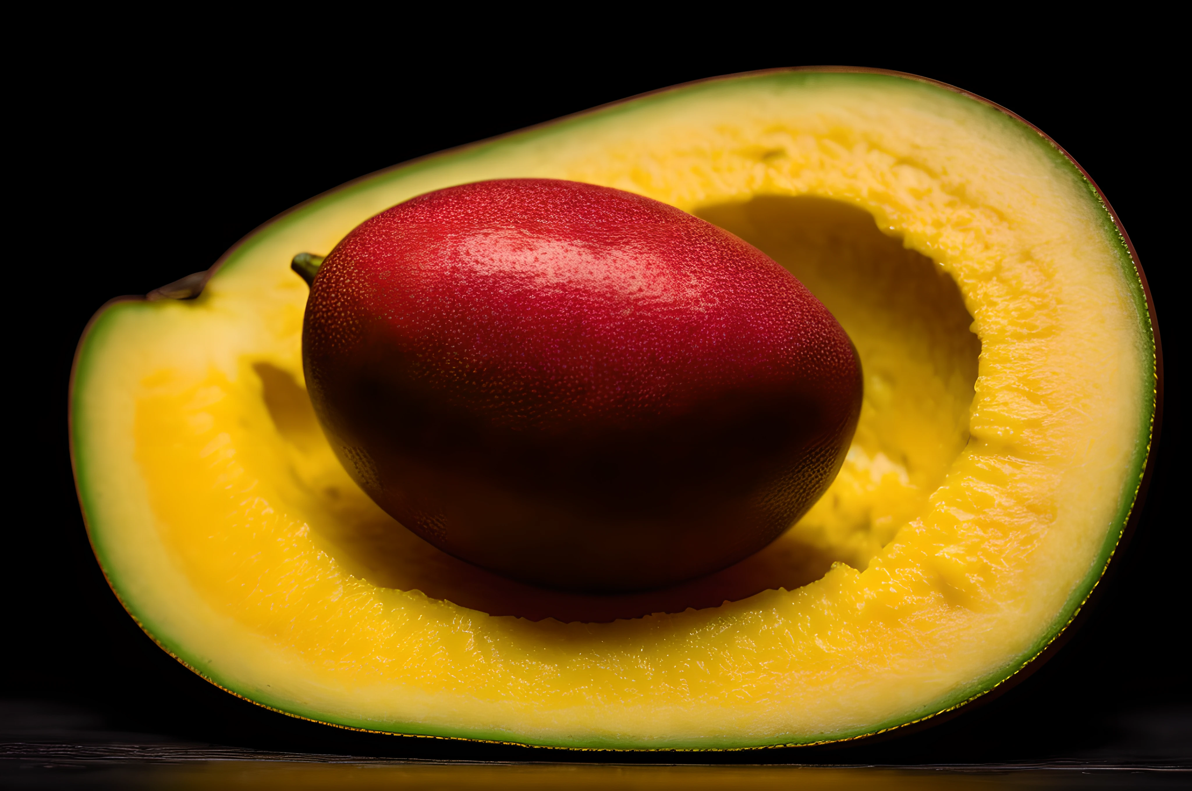mango, front view, cinematic image, isolated black background