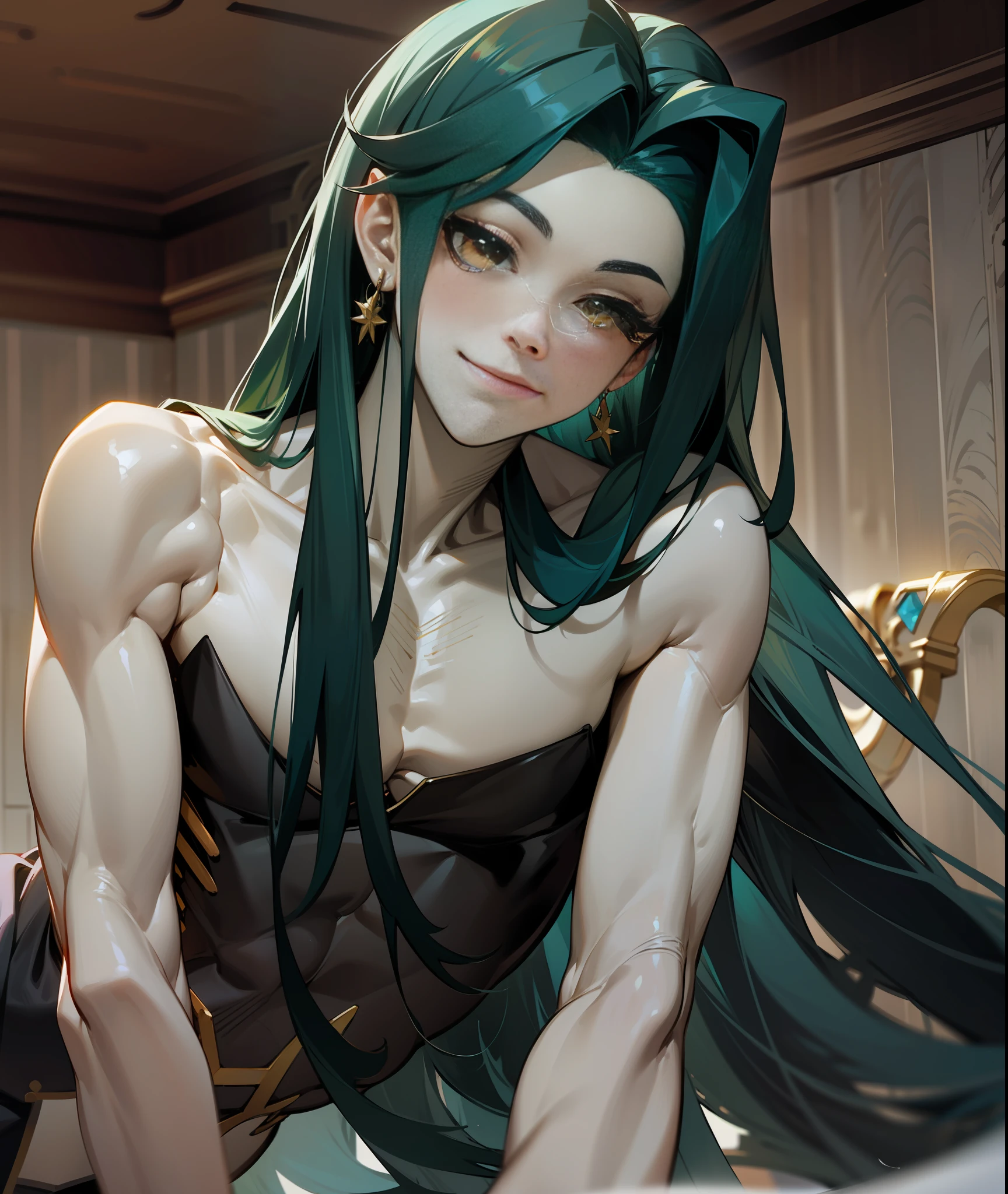 1boy, long hair, open forehead, dark green hair, long straight hair, yellow eyes, earrings,, thin body, pale skin,, yaoi boy, after, languid look, slight smile, cosmetics, long eyelashes, adults, head tilt, in full growth, hickeys