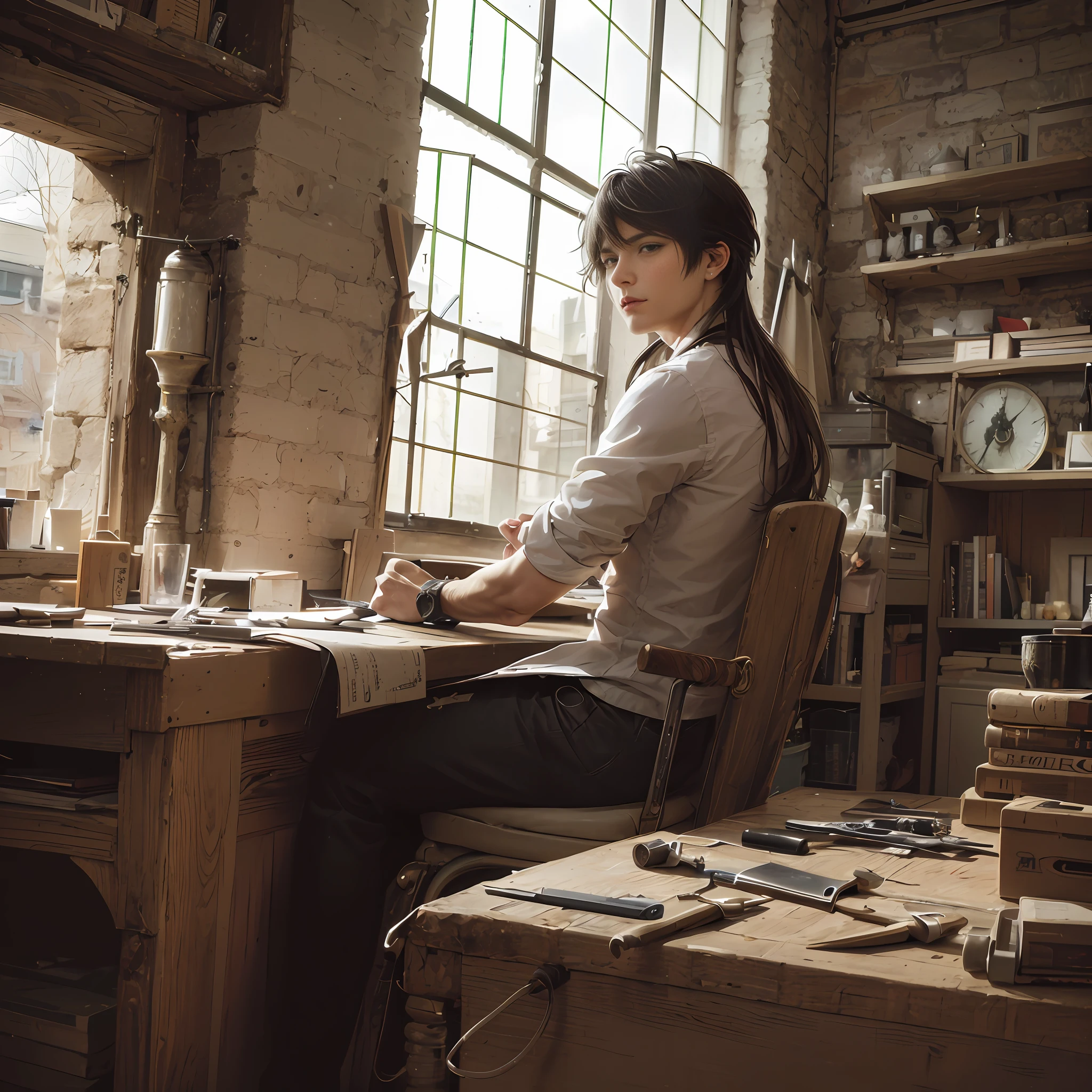 Vicissitudes,A deep,Solitude,Men with medium to long hair,Specific,Machinary,Tools,classical,Industrial wind,Handsome,tmasterpiece,hyper HD,,25 age old,Delicate facial features,Eyes resolute,names: Li bandit,There is a name tag of Li Bandit