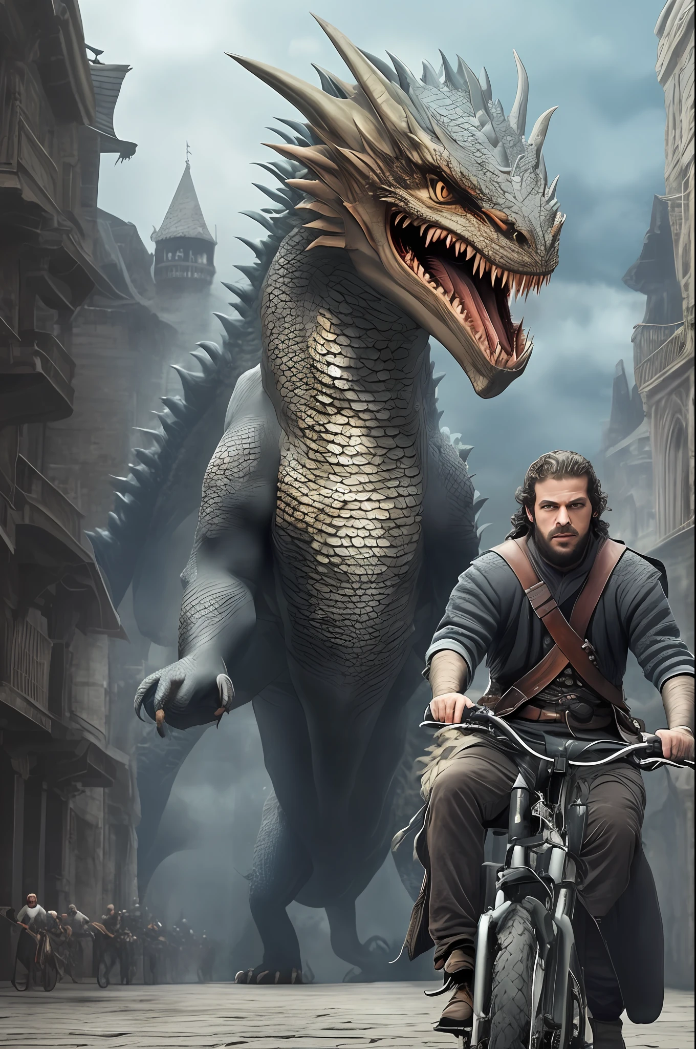 (obra prima), (extremamente detalhado), (alta qualidade), realista, realistic portrait of a man riding a bicycle in front of a Drogon dragon, Alexguerra3 riding a dragon, dragon rider, fat dragon with rider, Riding a dragon, teenage girl riding a dragon, battle with dragon, charging through a dragons lair, montando um lobo prateado gigante, Jormungandr, dragon in the background, aventura render hiper realista, pedalando na cidade de westeros, pedalante.branco --auto --s2
