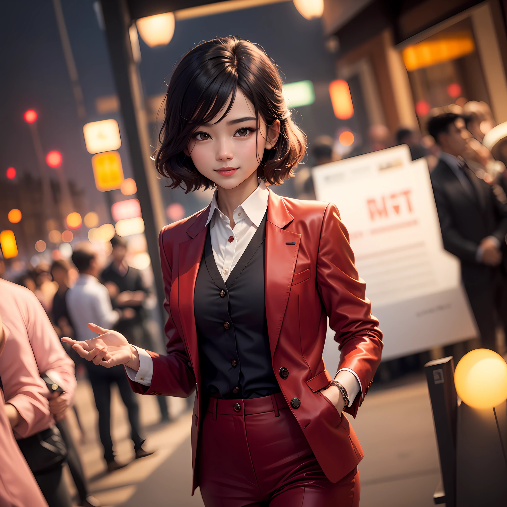 (Best Picture Quality)8k, realisticlying:1.37, tmasterpiece:1.2, adolable, Night dates, With a red nose, ssmile:1.15, 1 girl wearing a Ming-style collared Han suit, Hiten1, k hd, Ray traching, Background bokeh --auto