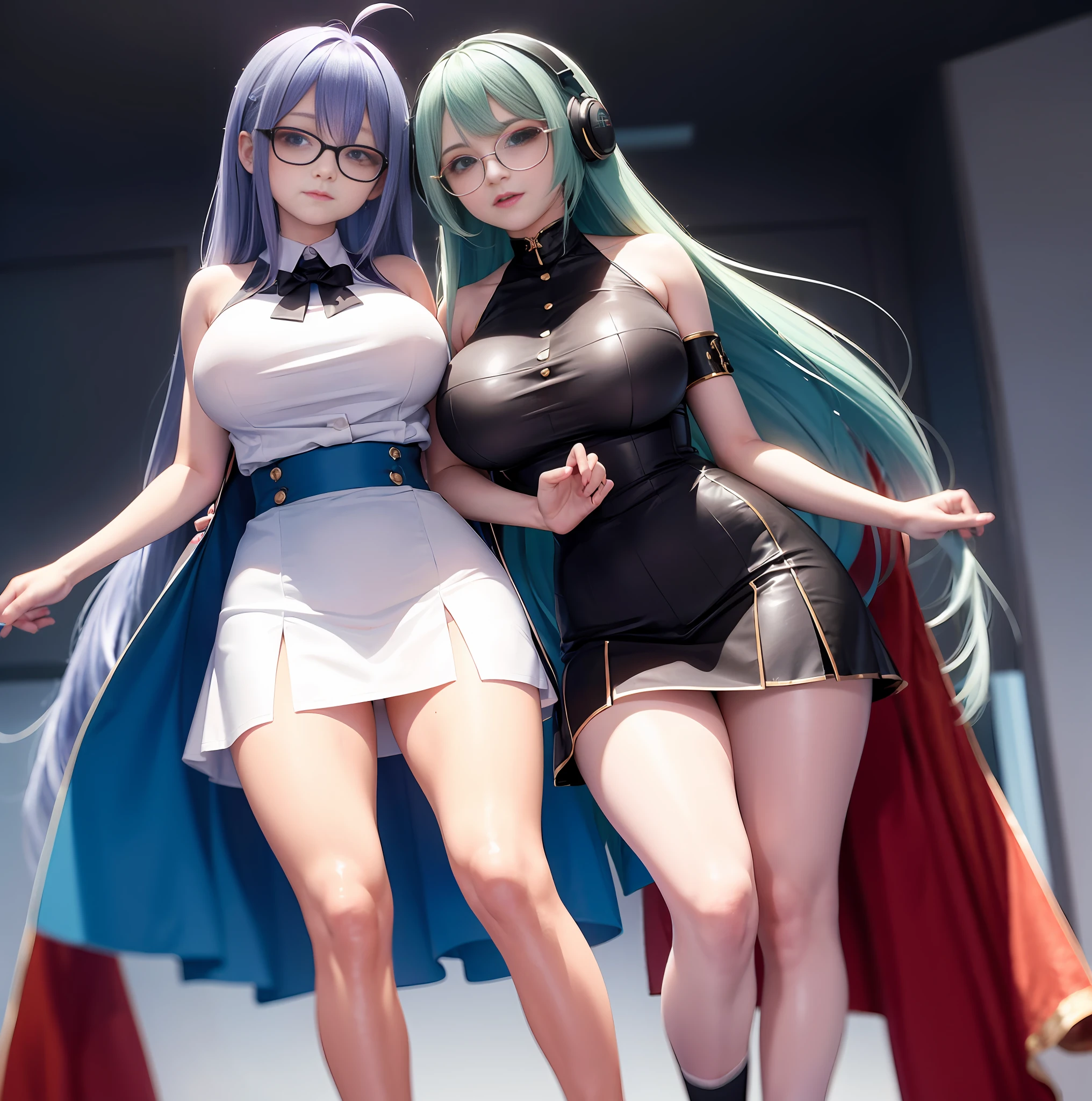 （（ best qualtiy， 8K， tmasterpiece ：1.3））， （（A beautiful woman with a perfect figure ：70.2， ））（（Slender abs ：12））， （（Huge bust：50.5））， 二重まぶた，CatEarHeadphones，（（Leg line：3）），Thick thighs,Big breasts Thin waist,High socks,lightblue hair，Absurdly long hair，Qi bangs，black sock，Long stockings，blue color eyes，frontage，full bodyesbian，ssmile，long leges，longer sleeves，round frame glasses，white short sleeve，Red bow on chest，pleatedskirt，blue color eyes，twincest，The two were dressed exactly the same
